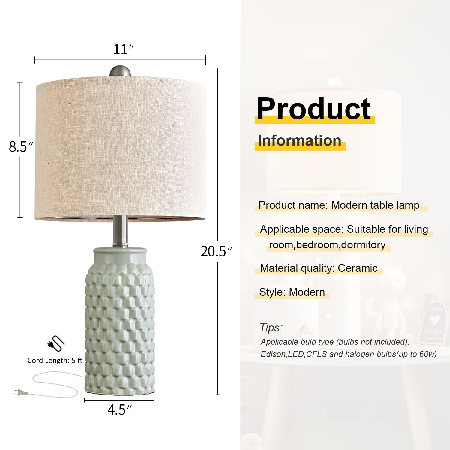 Usumkky 20.5 Inches Modern Ceramic Green Bedside Lamp Set Of 2 For Bedroom Decor Farmhouse Table Lamp For Living Room Office Dor