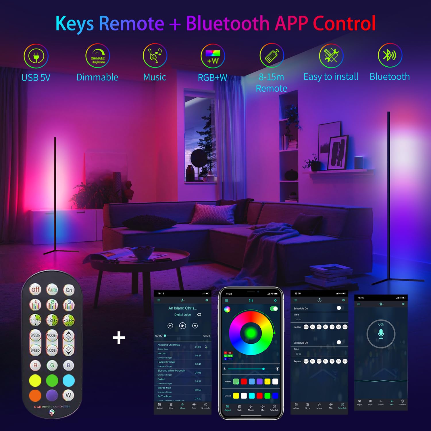 Bodun Smart RGB LED Corner Floor Lamp - App & Remote Control, 16 Million Colors, Music Sync, Standard Size, Ideal for Living & Gaming Rooms