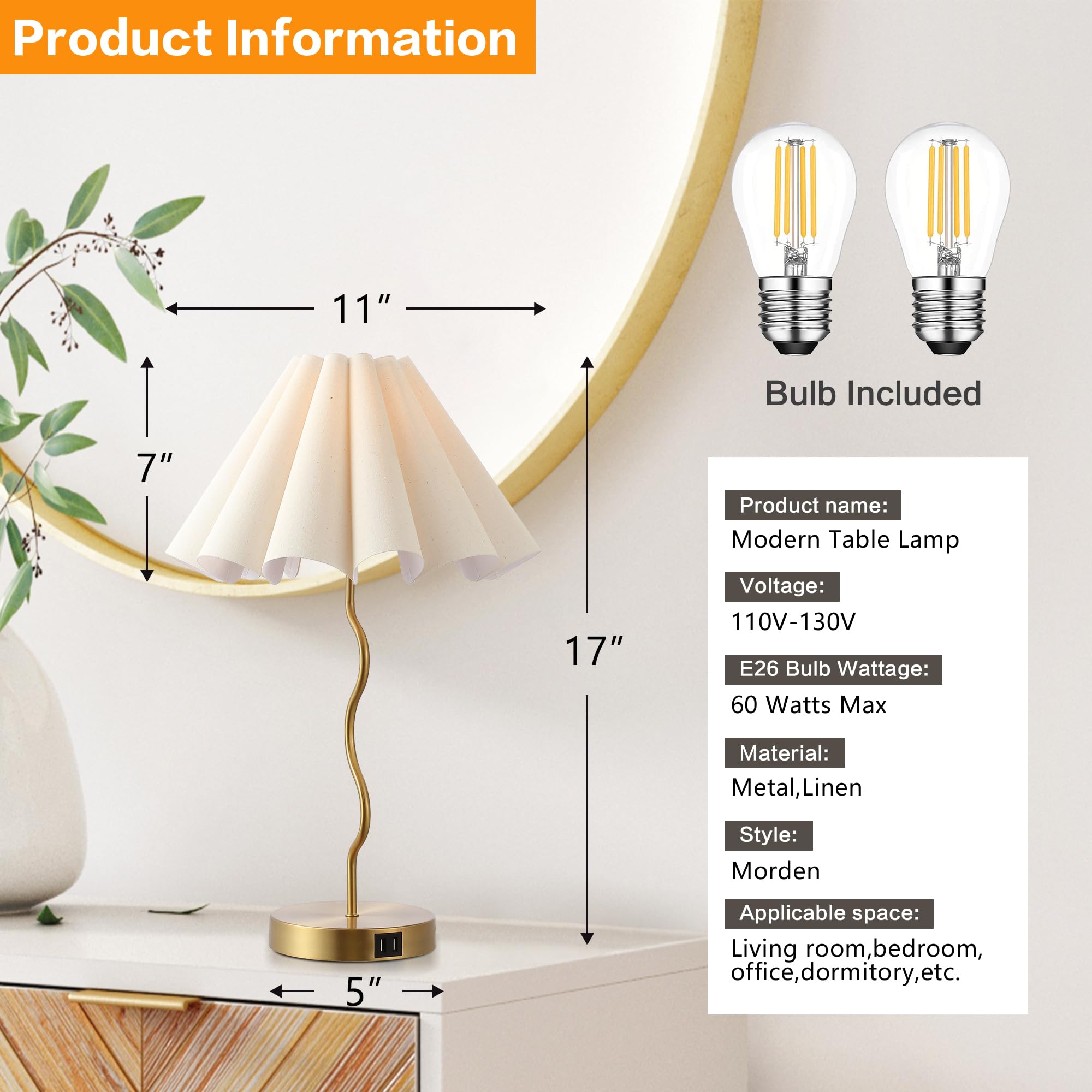 Eoeyyoyb Pleated Table Lamp, Table Lamp For Bedroom, Bedside Lamps For Nightstand With Linen Lampshade, Modern Lamp For Bedroom