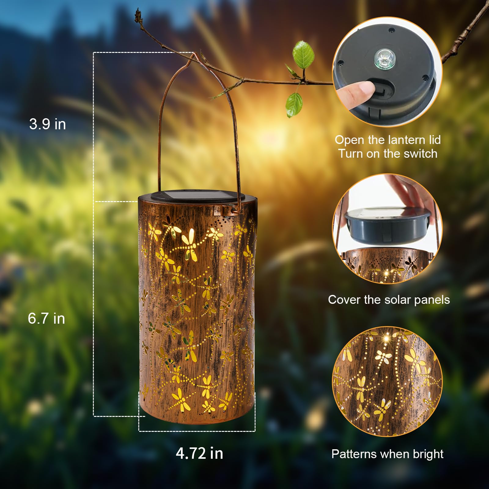 Morpholife Dragonfly Solar Lantern, Waterproof LED Garden Light, 7.1 inch, Metal, Model LD-0137QT, Outdoor Decorative Lighting for Patio and Porch