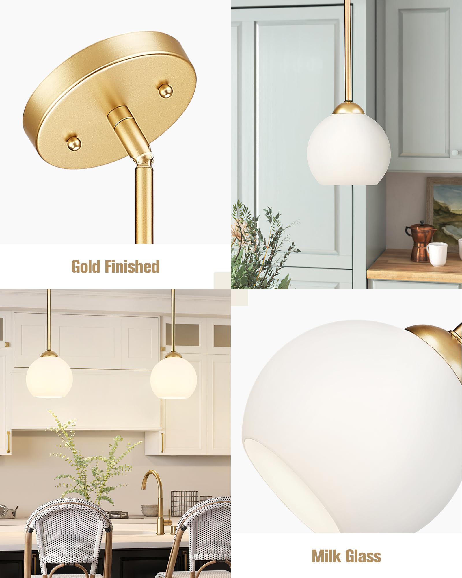 Emak Gold Pendant Light Fixtures, 7 Inch Globe Pendant Lights With Milk Glass Shade, 1-Light Hanging Lights For Kitchen Island,