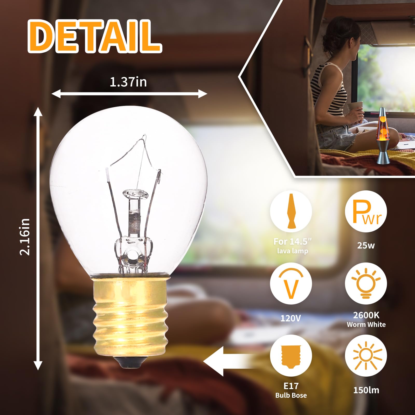 Hinuaxbulb 6 Pack Lava Lamp Bulbs 25 Watt 120V S11 Replacement Light Bulb E17 Standard Base For Glitter Lamps Refrigerator Micro