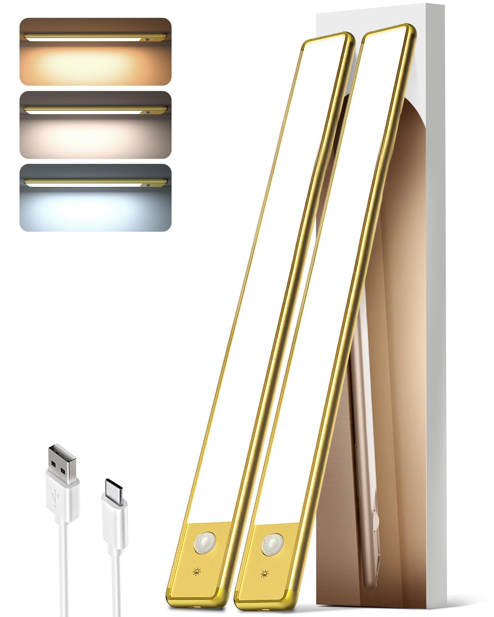 EZVALO Under Cabinet Lighting, 16.5in, 4000mAh Rechargeable, Motion Sensor, 145 LED, Dimmable, Golden, 2 Pack, Model LYB