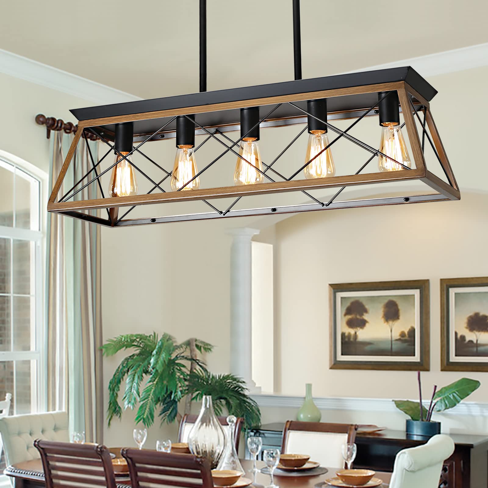 XIPUDA 5-Light Linear Pendant Chandelier, Rustic Metal Ceiling Light Fixture, Walnut, Model XPD-0048