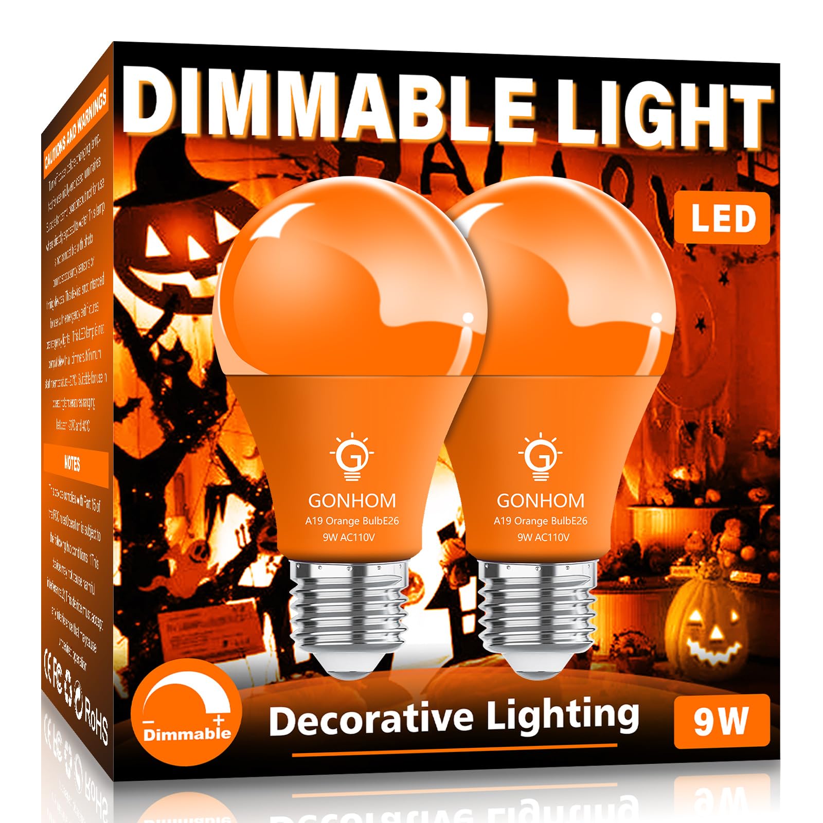 Gonhom 2 Pack A19 Orange Led Light Bulb, 9W Equivalent, E26 Base For Party & Halloween Decor