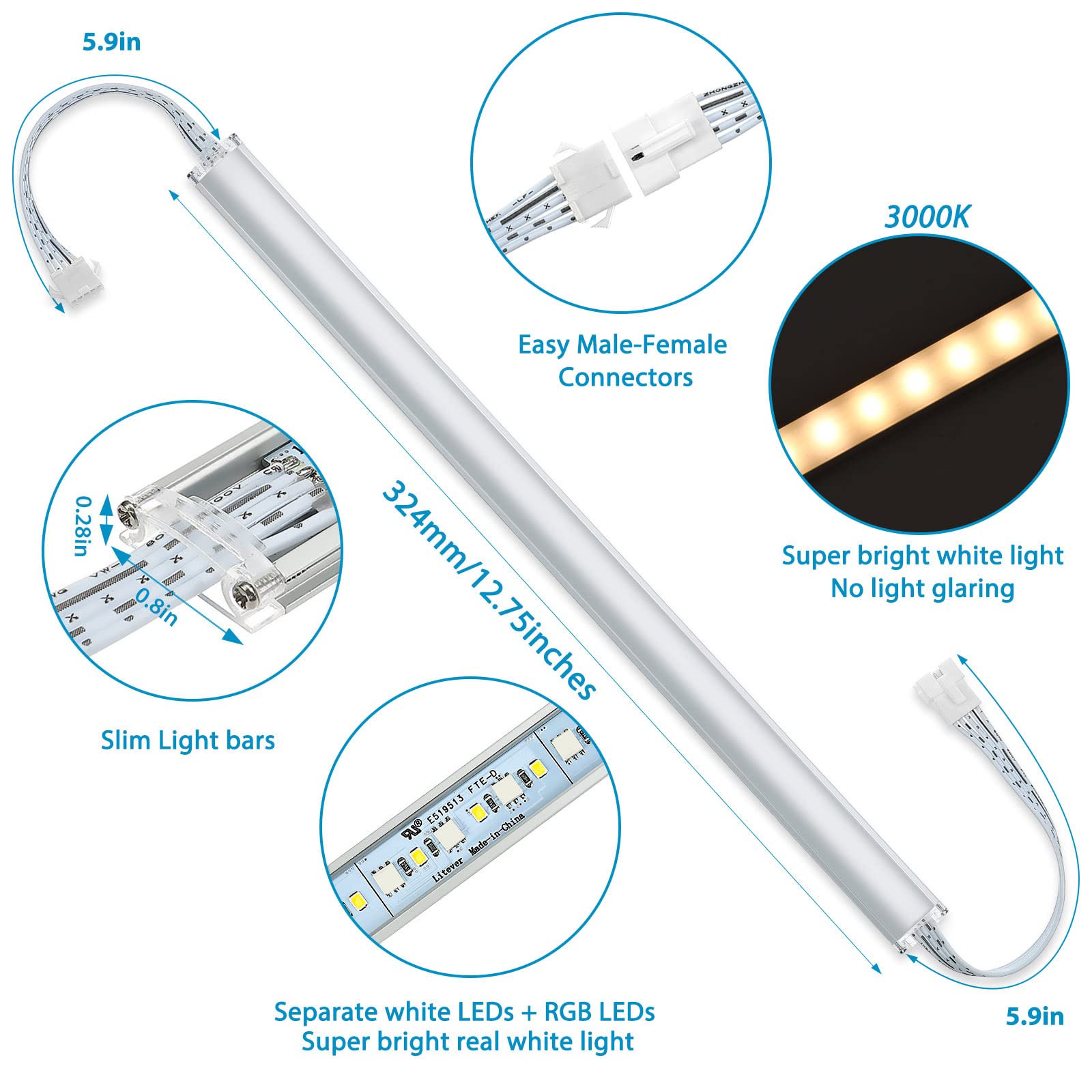Litever Under Cabinet Led Lighting Kit. Rgb Color & Bright Warm White Light. Slim Linkable Led Light Bars With Power Adapter  Controller  Extension Cords. Max 24W. Dimmable. Plug In. Rgb + 3000K.