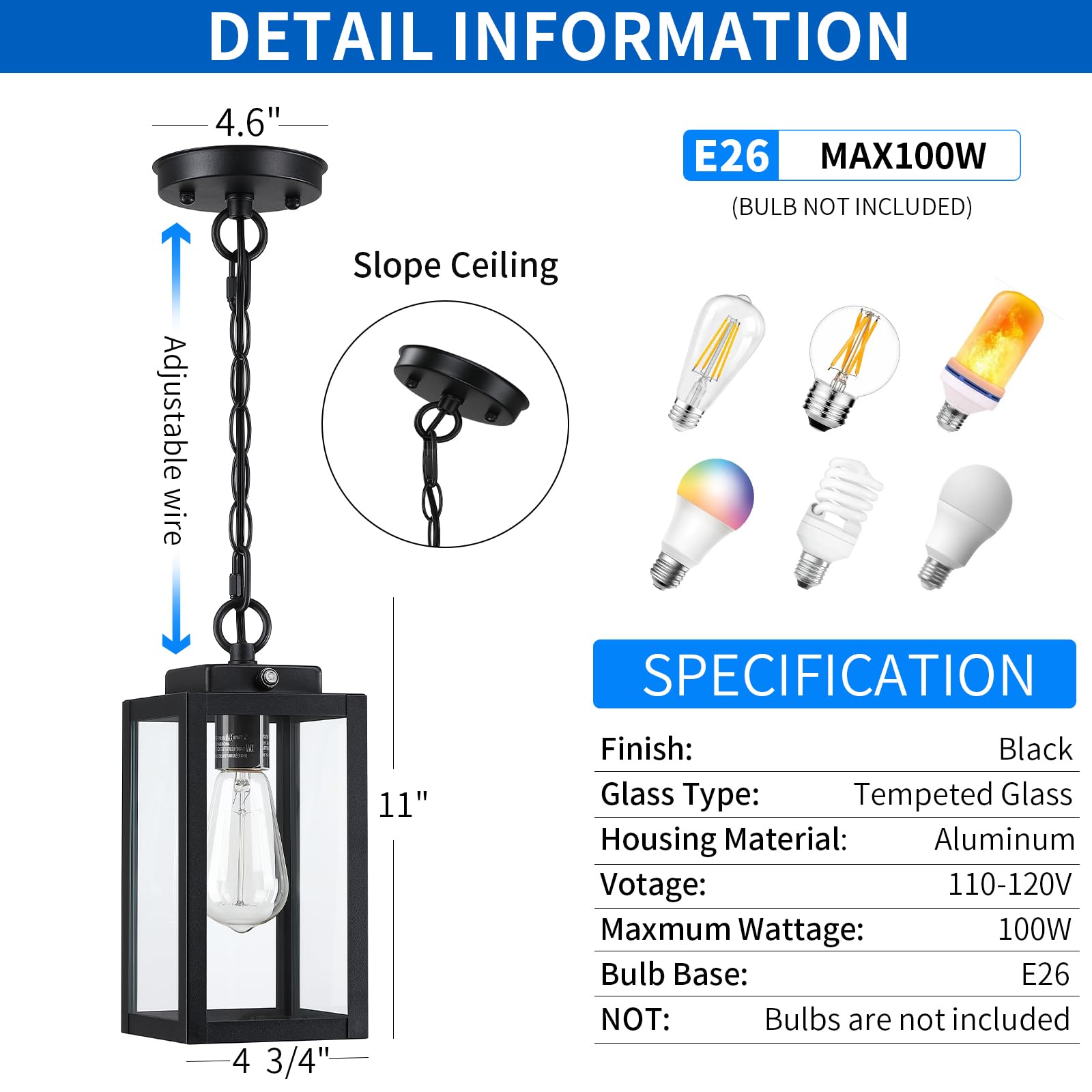 15'' Large Outdoor Pendant Light, Modern Outside Chandelier Outdoor Hanging Lantern Light, Matte Black With Clear Glass, Exterio