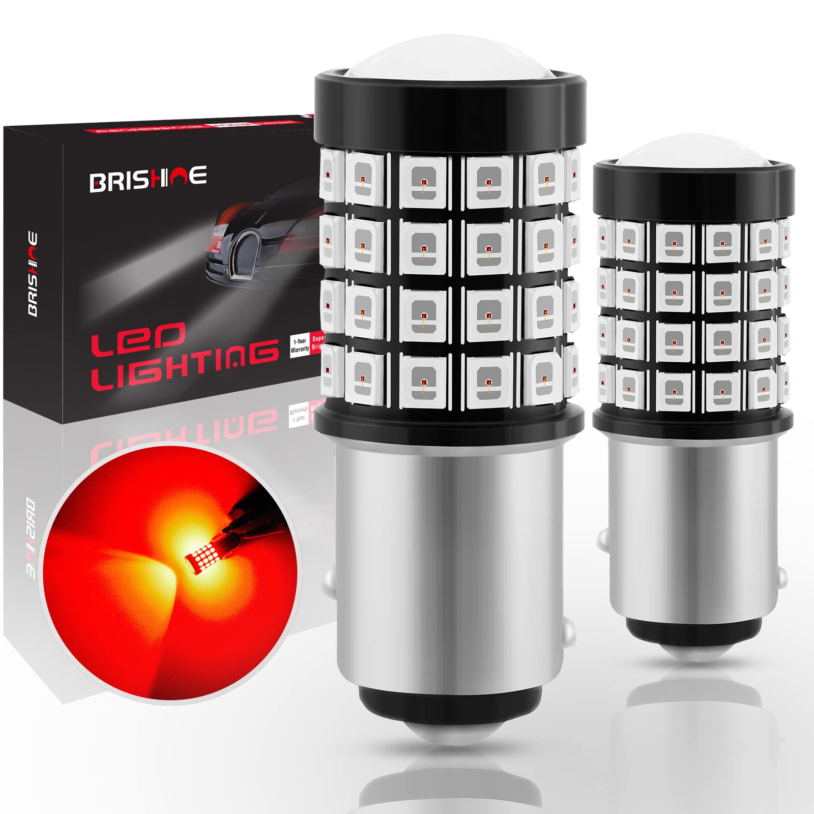 BRISHINE LED Brake Light Bulbs, 52-SMD Chipsets, 1157/2057/BAY15D, Brilliant Pure Red, Model SHINE-FLA1157R-52