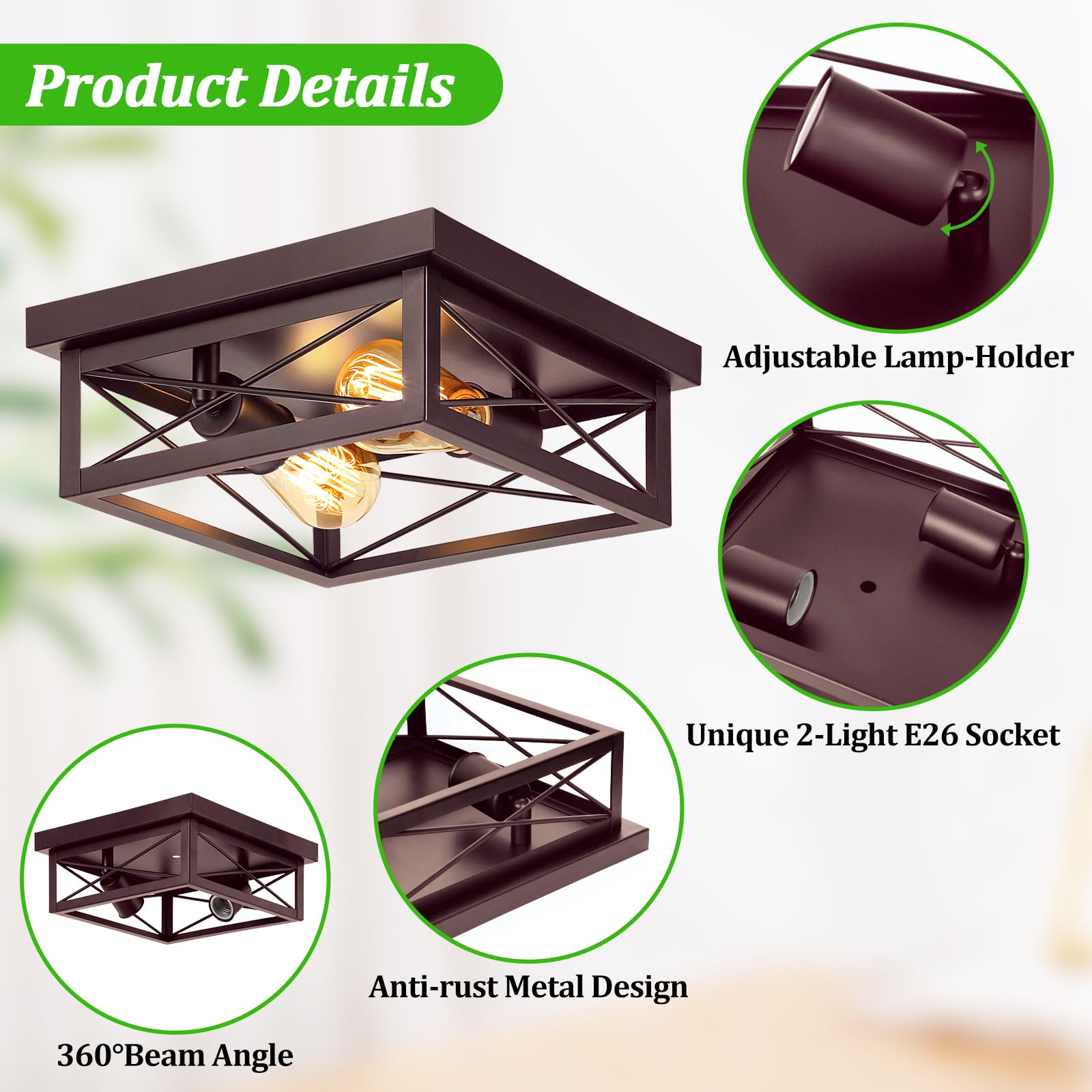 Brown Hallway Light Fixtures Ceiling, 2-Light Farmhouse Industrial Flush Mount Ceiling Lights, 2-Pack Modern Metal Kitchen Light