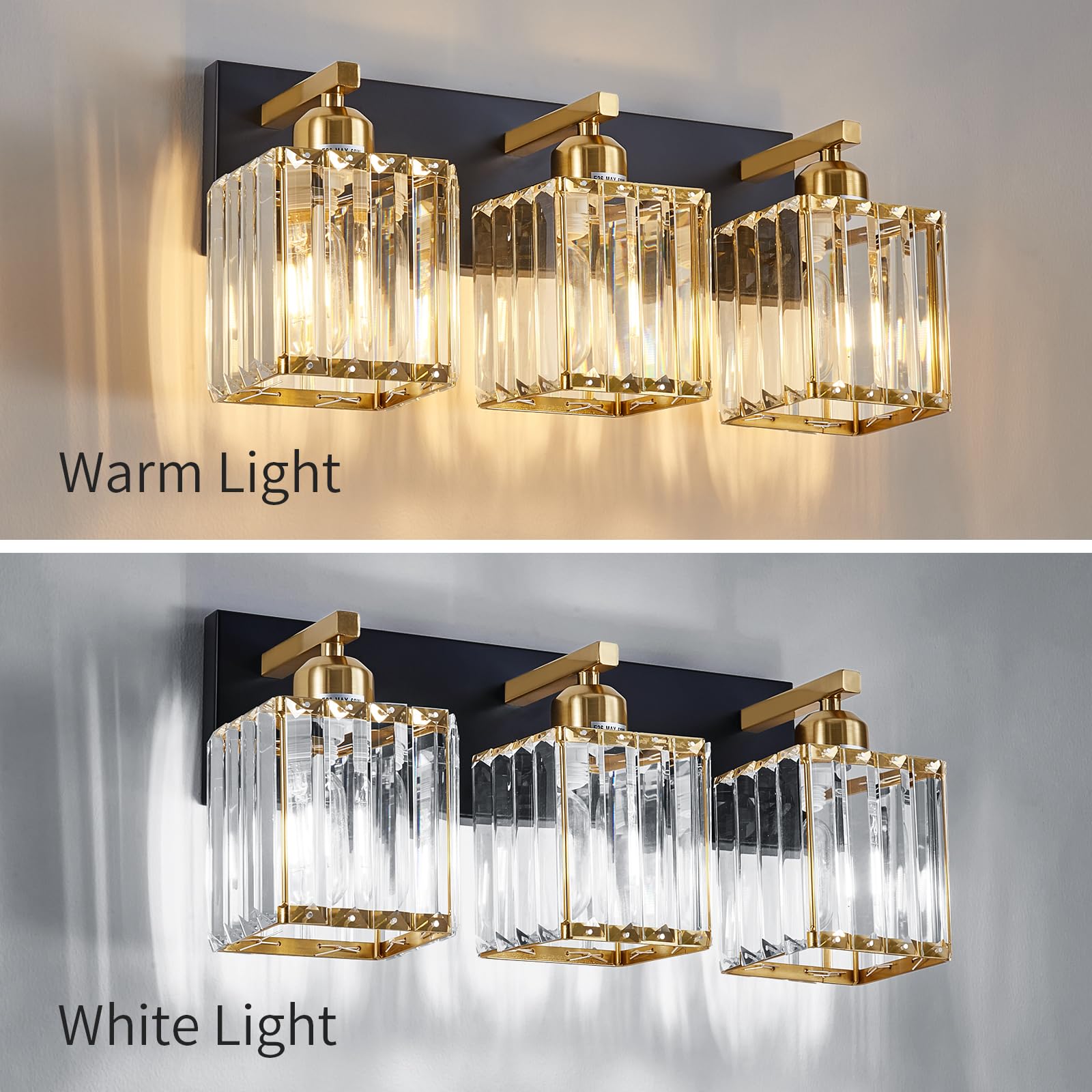 Aixialin 3-Light Bathroom Vanity Lights, Black Gold Crystal Wall Lighting, Metal Fixtures, Model 600-100-1012