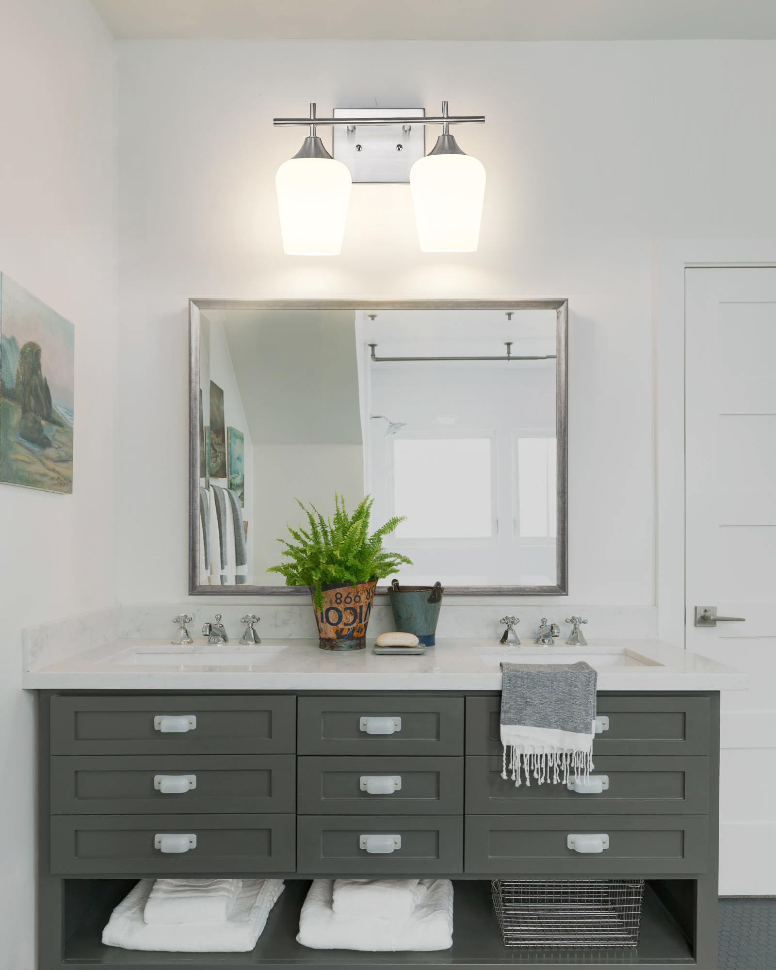 Osimir 2-Light Bathroom Light Fixture, Brushed Nickel, Frosted Glass, Model OS-YQ9167-2BNW, 15 Inch Vanity Wall Sconce