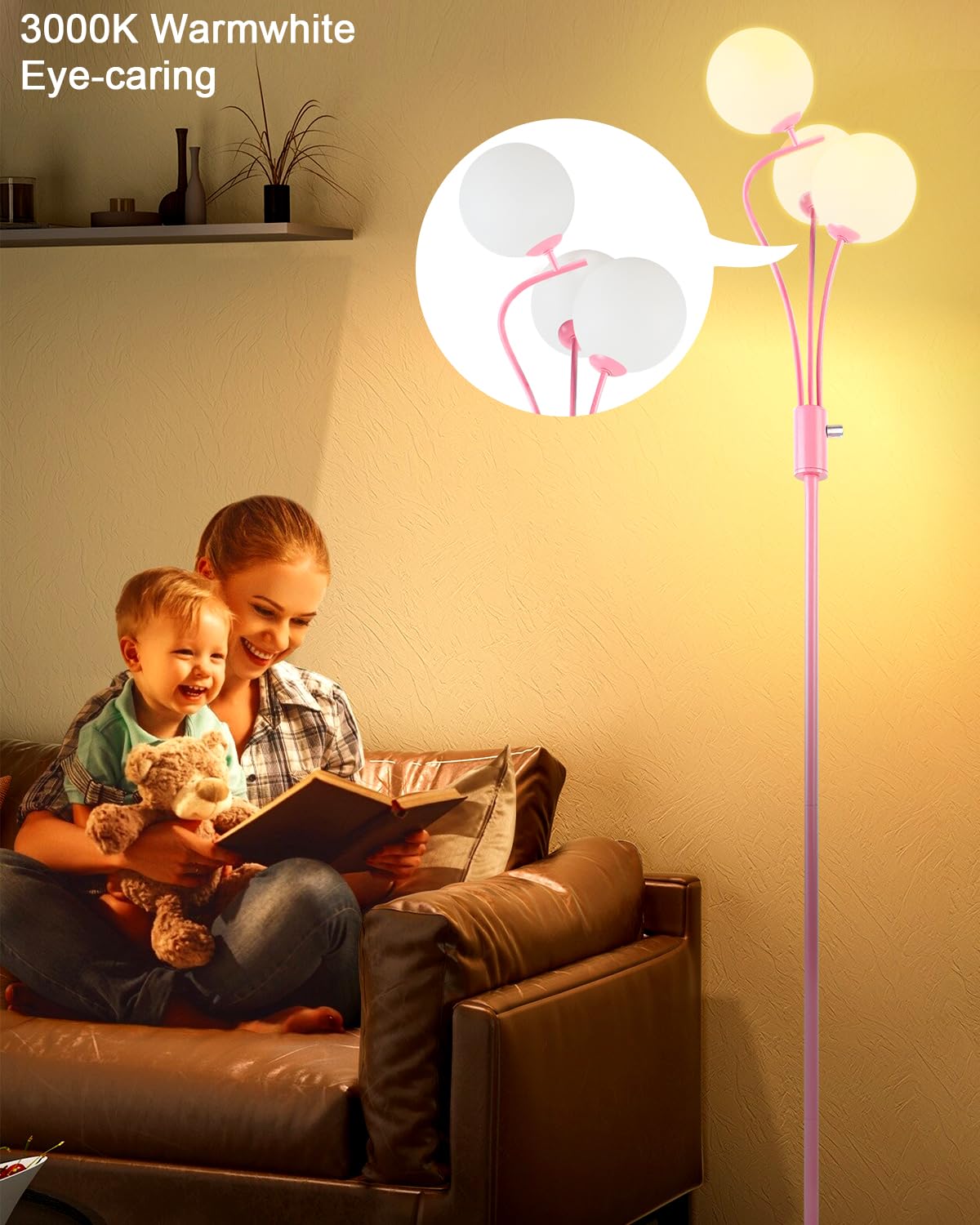 Lightdot Pink Floor Lamp For Girls Room Stepless Dimmable Globe Standing Lamp With 3Pcs 3000K G9 Bulbs Modern Design & Stable Ba