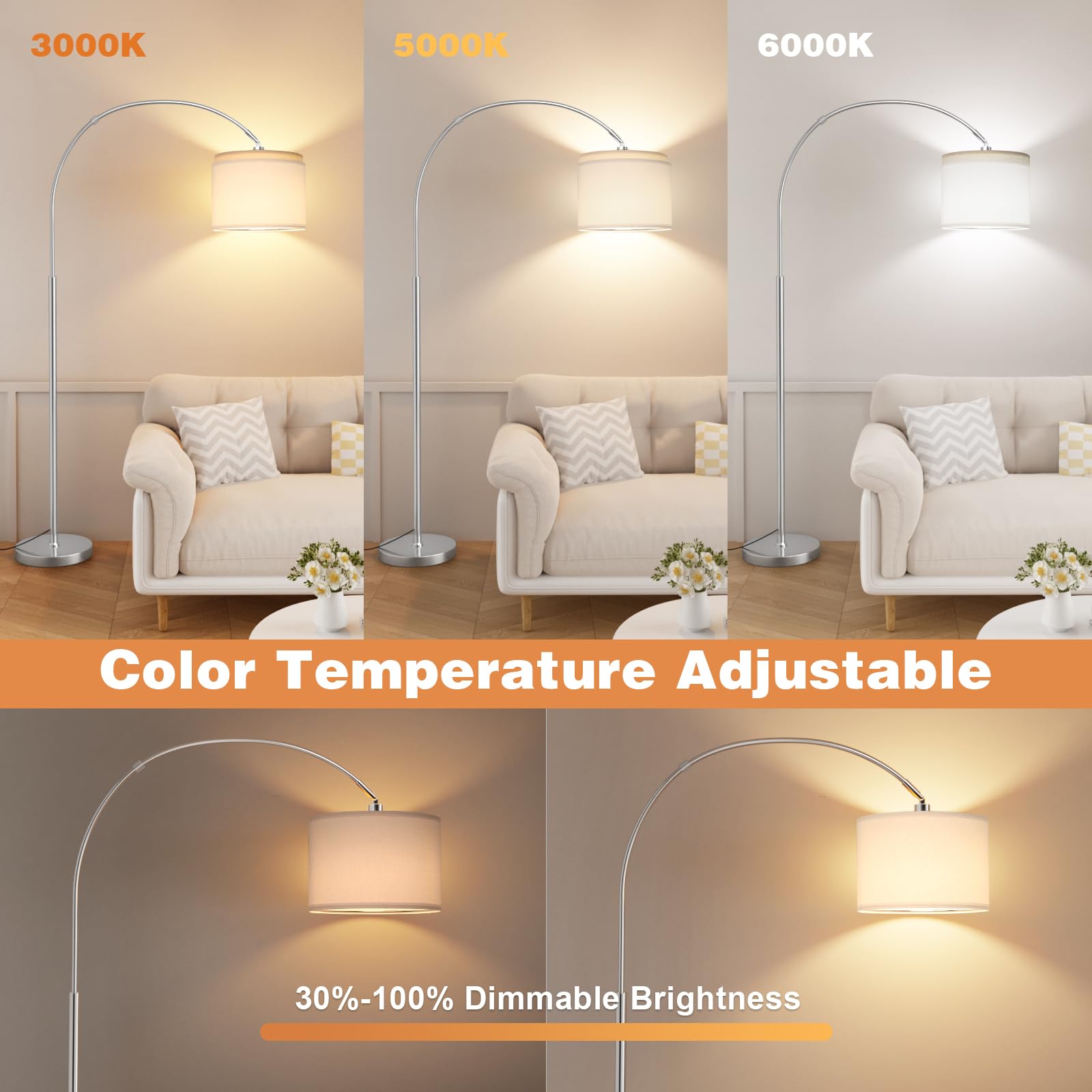 Ambimall 70 Dimmable Arc Floor Lamp with Remote, Color Temperatures and Brightness Adjustable, Arched Floor Lamp with Rotating H