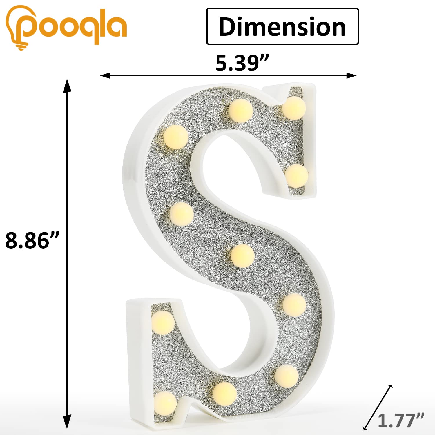 Pooqla Colorful LED Marquee Letter Signs, Battery Powered with Remote, 18 Color Options, Glitter Silver, Plastic