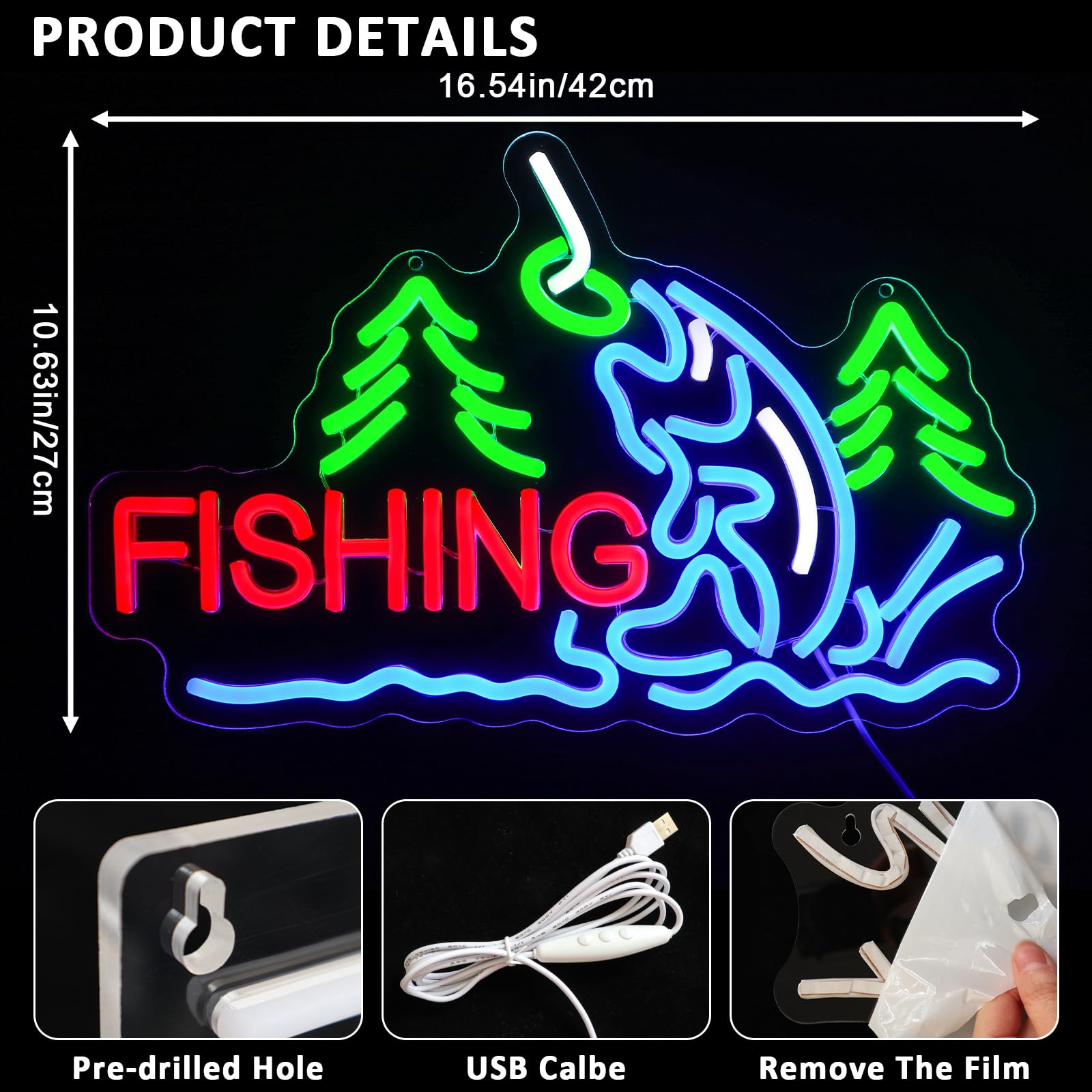 PMCVYH Neon Fishing Wall Sign, USB Dimmable LED Light, Multi-colored Acrylic Decor for Man Cave, Bedroom, Game Room, Model SYL-Fishing