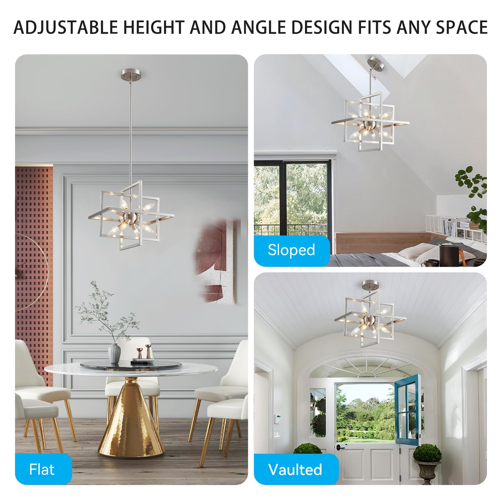 XINGQI 8-Light Modern Chandelier Brushed Nickel Geometric Pendant Lighting for Dining Room, Kitchen, Living Room, Bedroom
