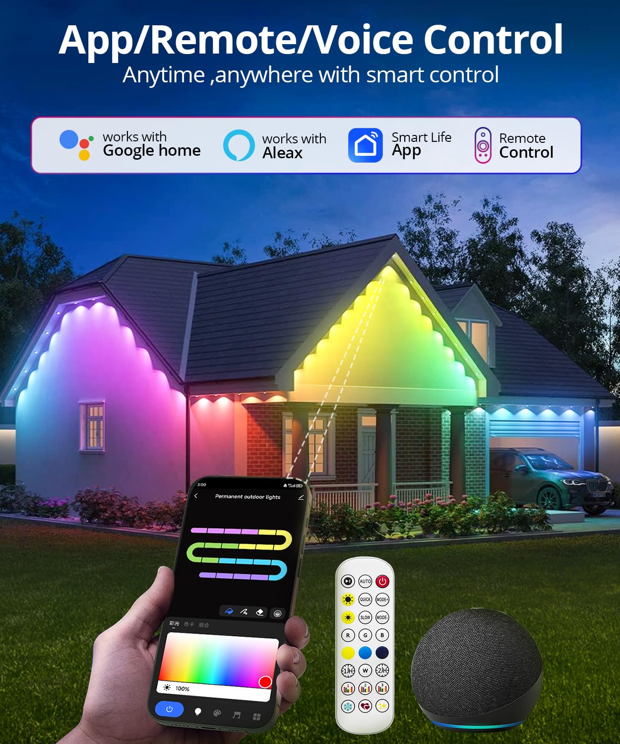 SMAVISTA Smart Outdoor Lights, 200ft 144 LED RGB String Lights, IP67 Waterproof, 44 Scene Modes, Remote/App Control, White
