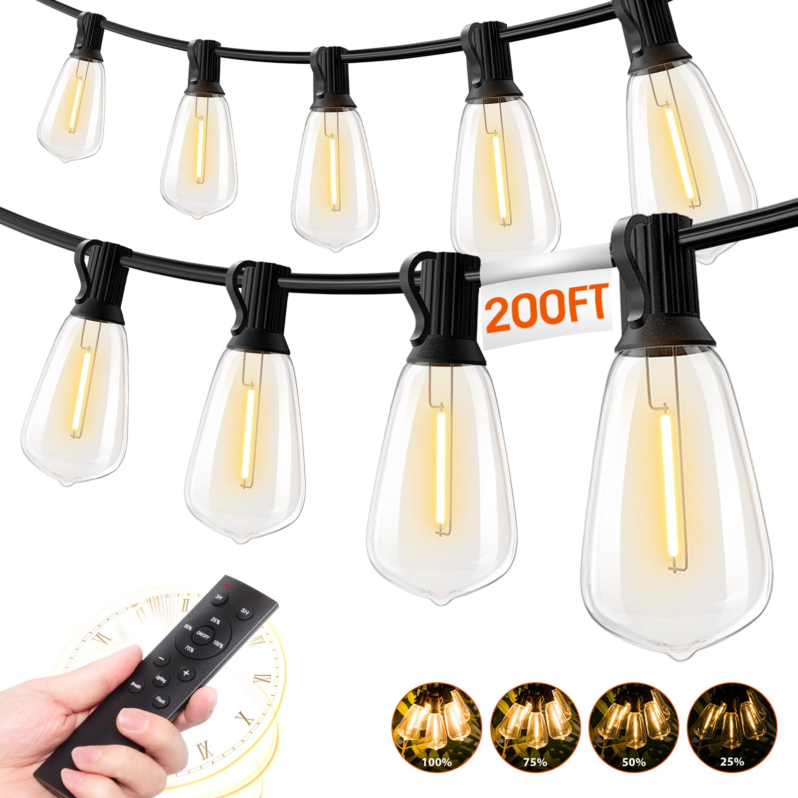 addlon 200 FT (4x50FT) Outdoor String Lights with Remote,Waterproof Patio Lights ETL Listed with 60+4 Shatterproof Dimmable ST38
