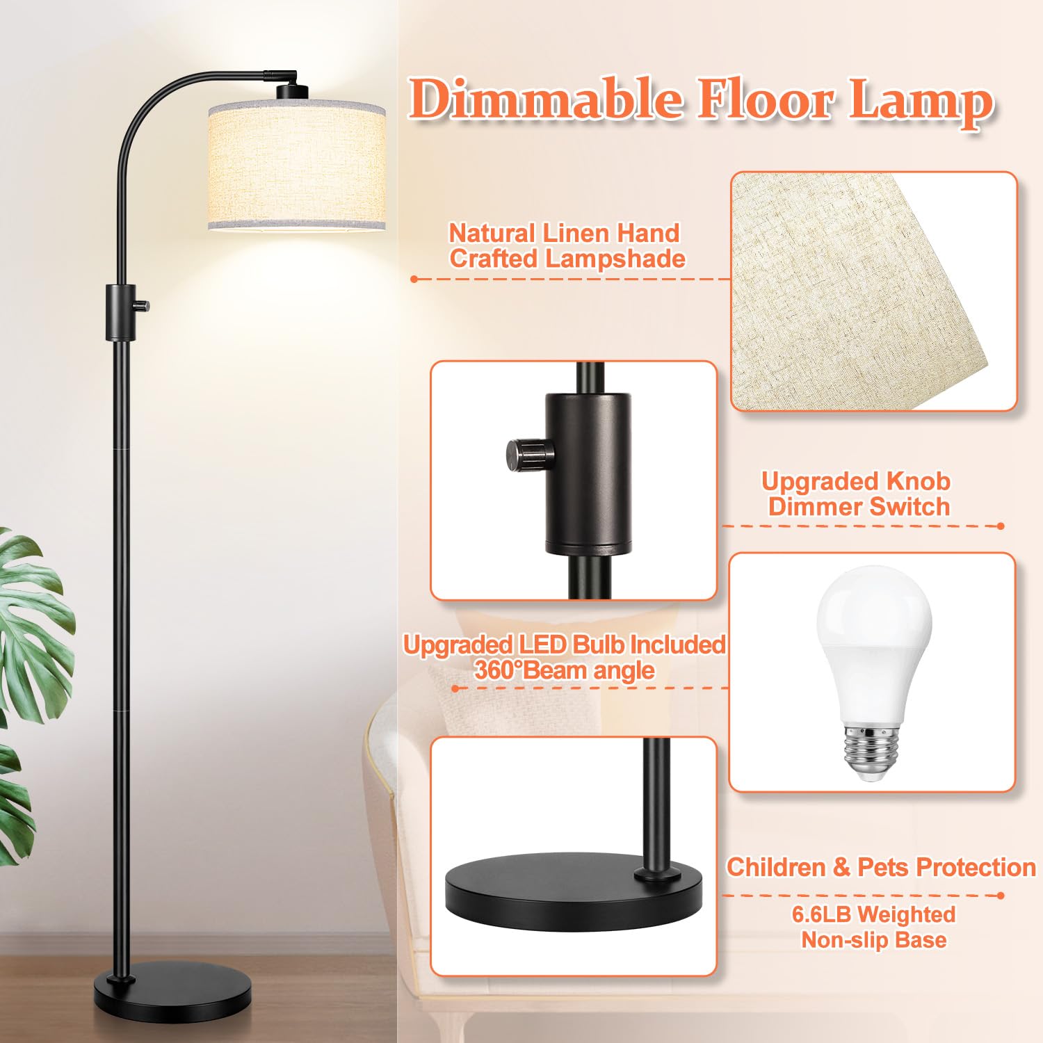 Nintiue [Upgraded] Dimmable Floor Lamp, 1200 Lumens Led Edison Bulb Included, Modern Arc Standing Tall Floor Lamps With Linen Sh