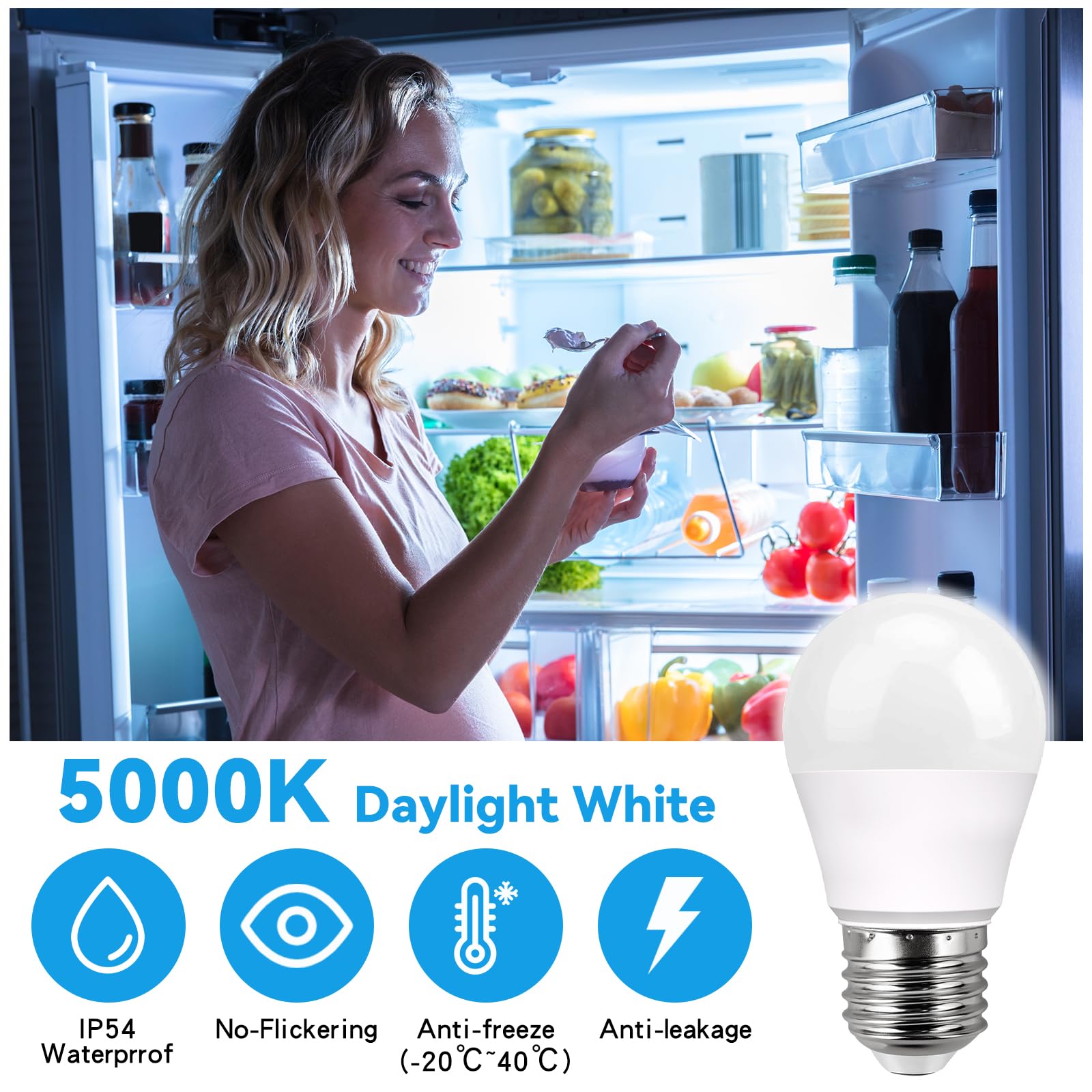 Baoming Refrigerator Light Bulb Led 50 Watt Equivalent,5W A15 Fridge Waterproof Bulb Daylight White 5000K E26 Base,Waterproof Fr