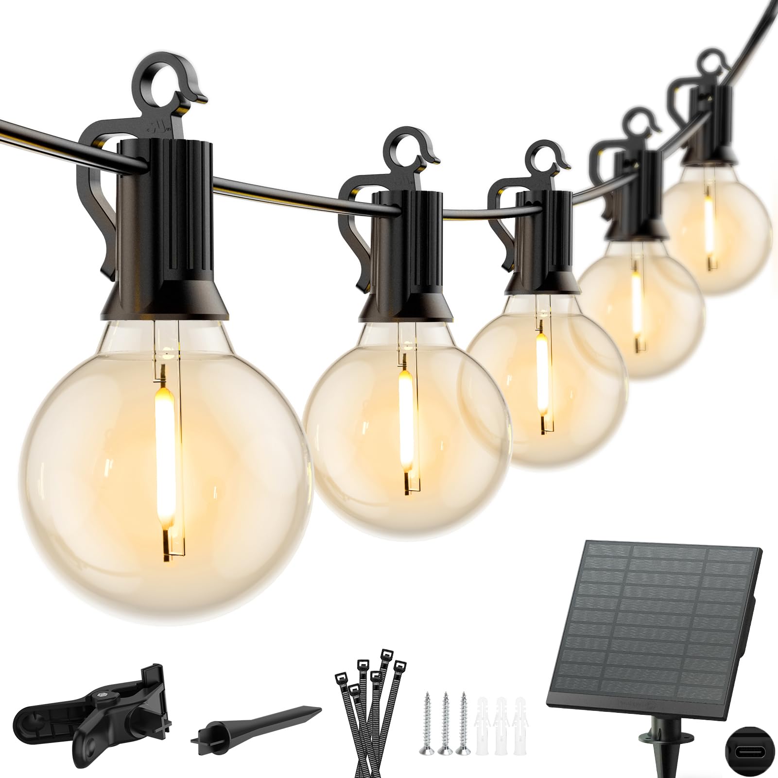 Minetom Solar Outdoor Lights - 38 Ft Solar String Lights With 15 G40 Shatterproof Led Bulbs, Commercial Waterproof Solar Powered