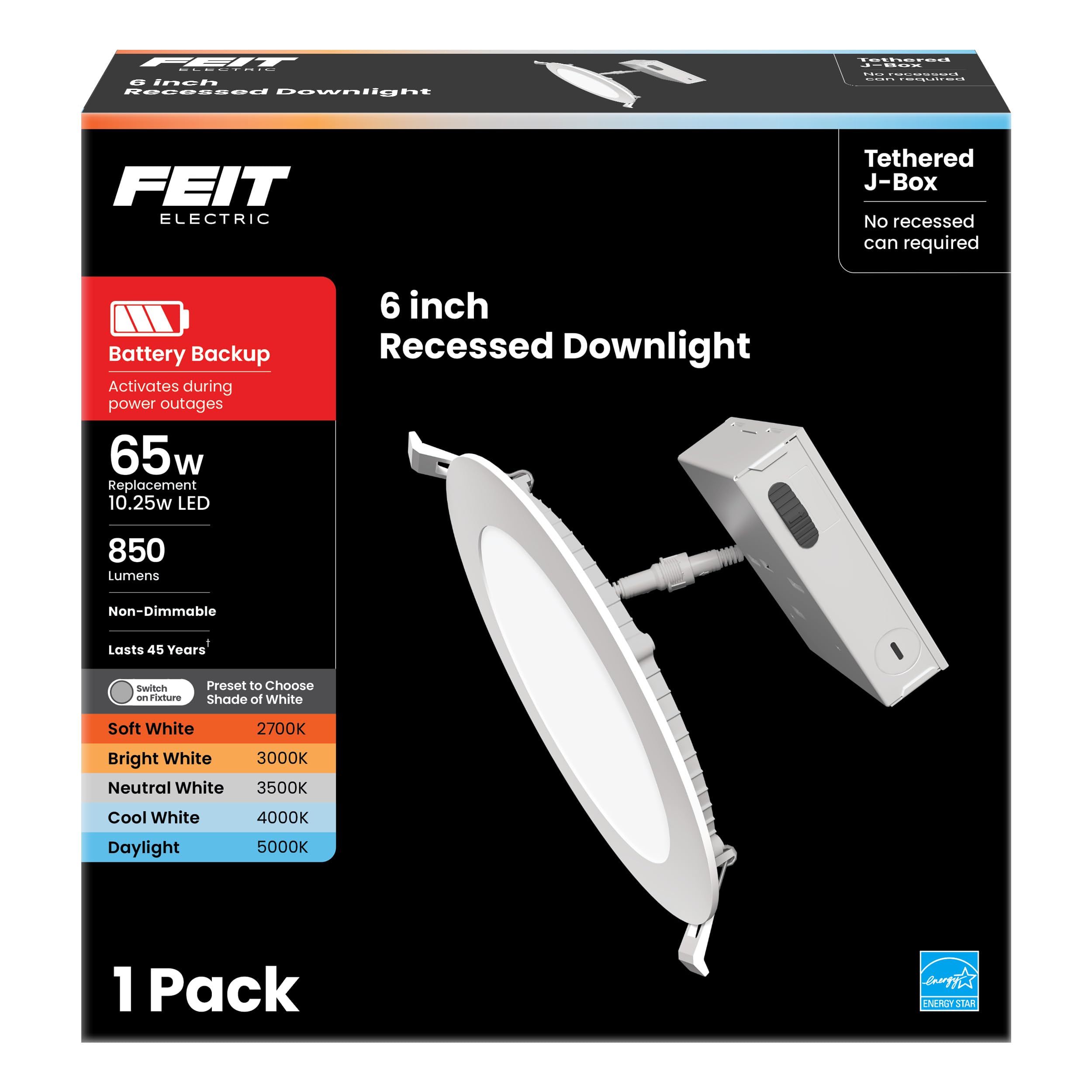 Feit Electric 6 Canless LED Recessed Downlight, 65W Equivalent, Non-Dimmable, Battery Backup, 5 Selectable Color Temperatures, L