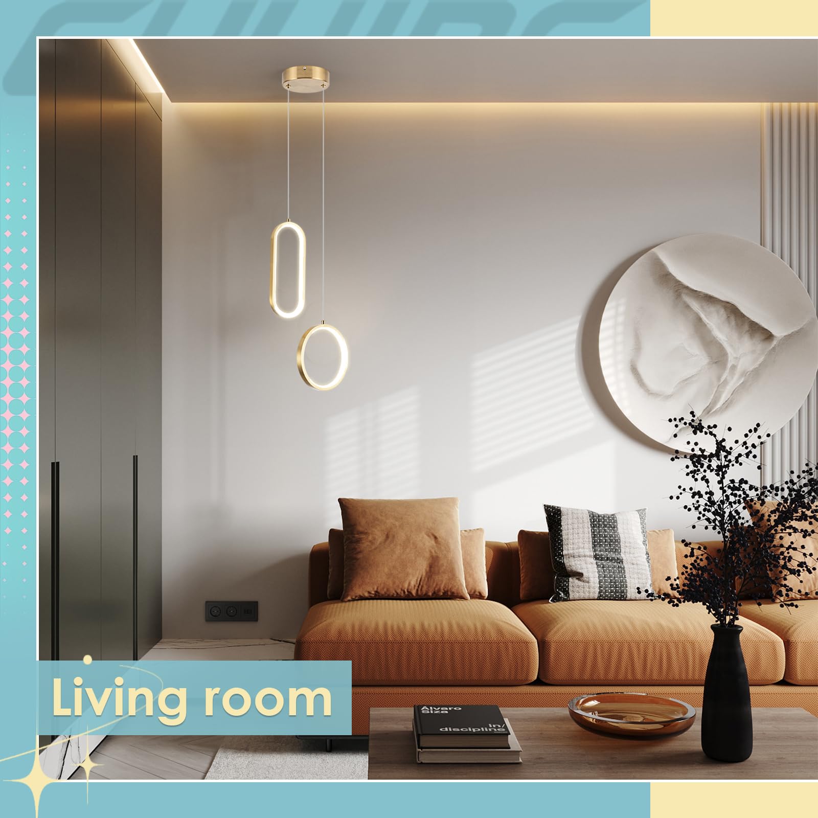CHYING LED Pendant Light, 2 Ring 24W, Dimmable, 3-Color Temp, Gold, Model CYD401-2RING-G-D