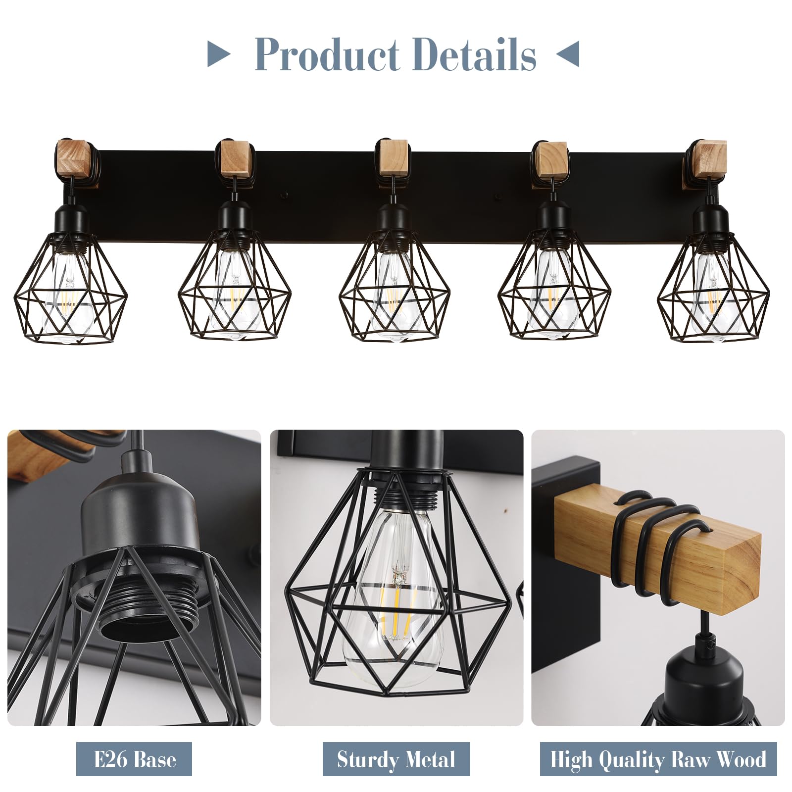Farmhouse Vanity Light For Bathroom, 5-Light Wood Bathroom Vanity Light Fixtures Over Mirror, Rustic Sconces Wall Lighting With