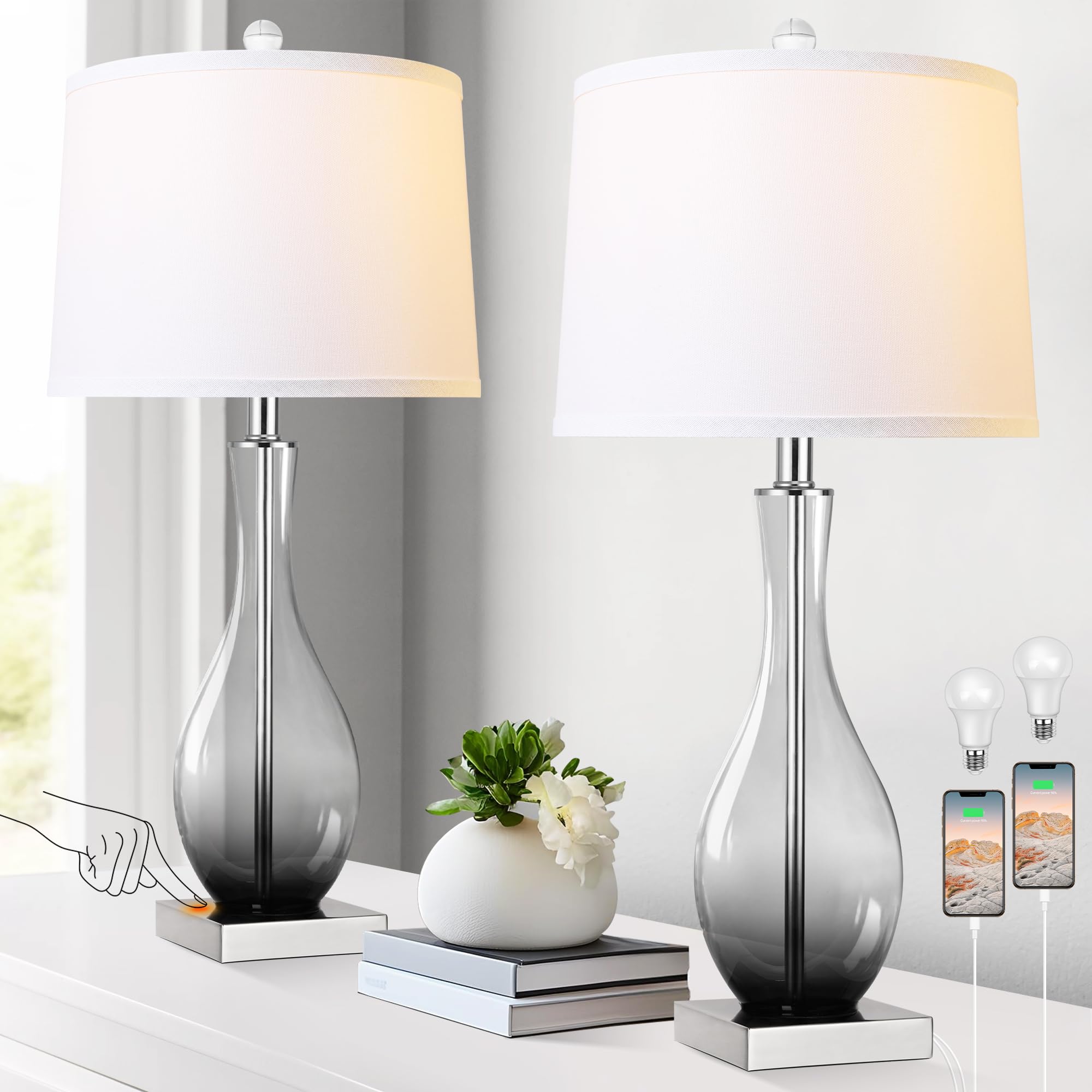 WIHTU Table Lamps Set of 2, Modern Glass, 3-Way Dimmable, 27in Bedside Desk Lamps with USB C and A Charging Ports, Gray, WTLP357
