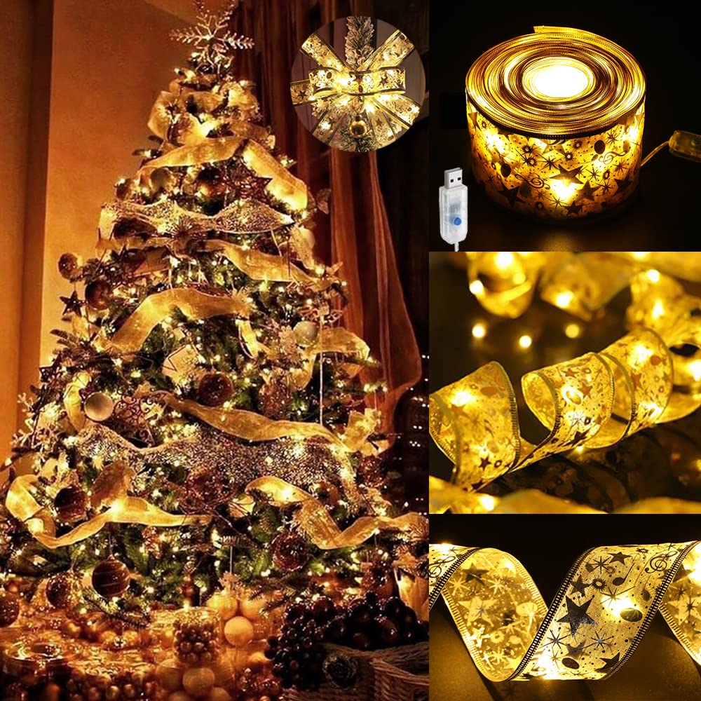 GIHOO Christmas Tree Decorations String Lights 32ft 100 LED Lights Copper Wire Ribbon Bows Lights for Party Weddings Holiday Christmas Tree Decorations (Width 5cm Gold Warm Light)