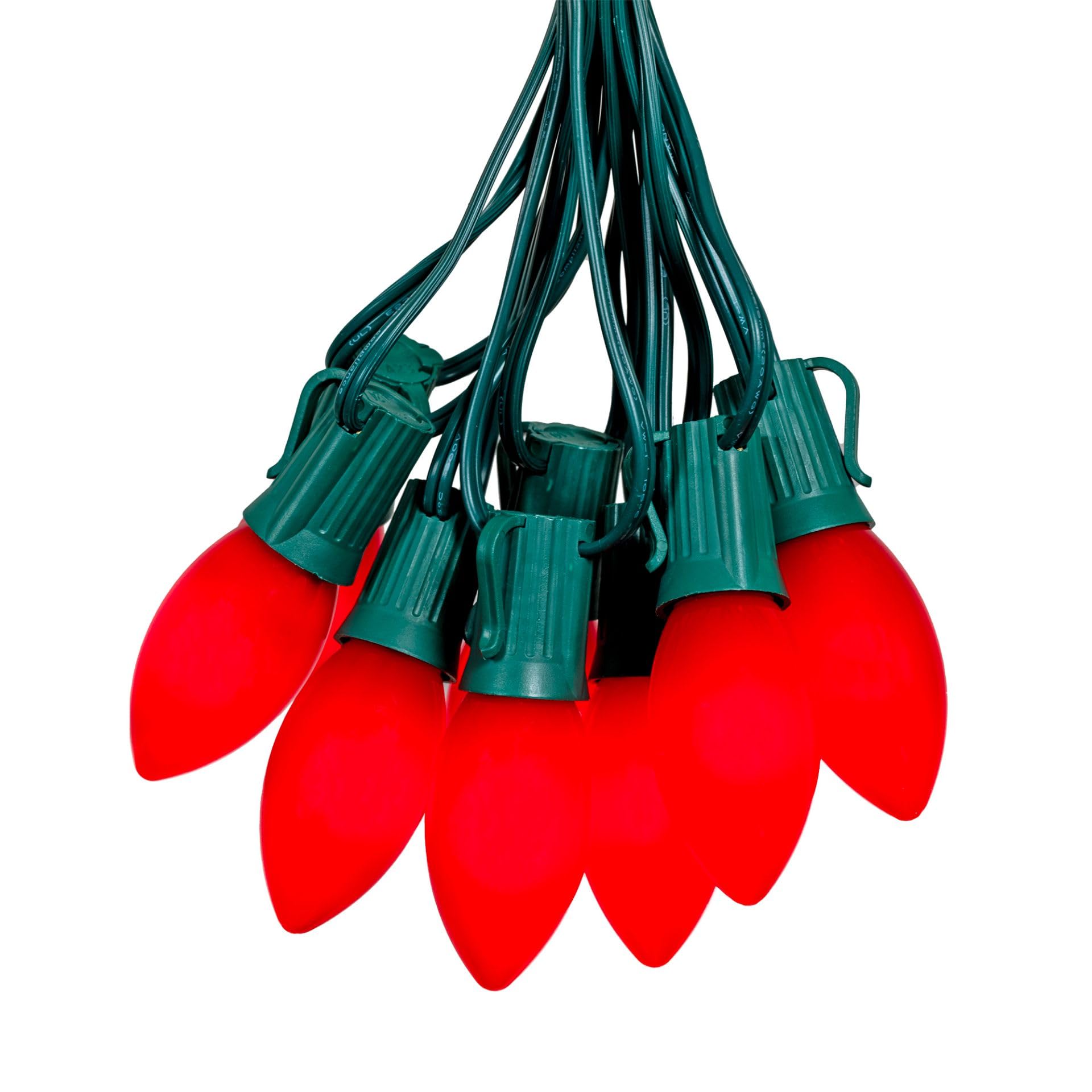 Novelty Lights Vintage LED C9 String Lights, 25 Ft, Red Ceramic Bulbs, 12in Spacing, Model MRD-25B, Indoor/Outdoor Use