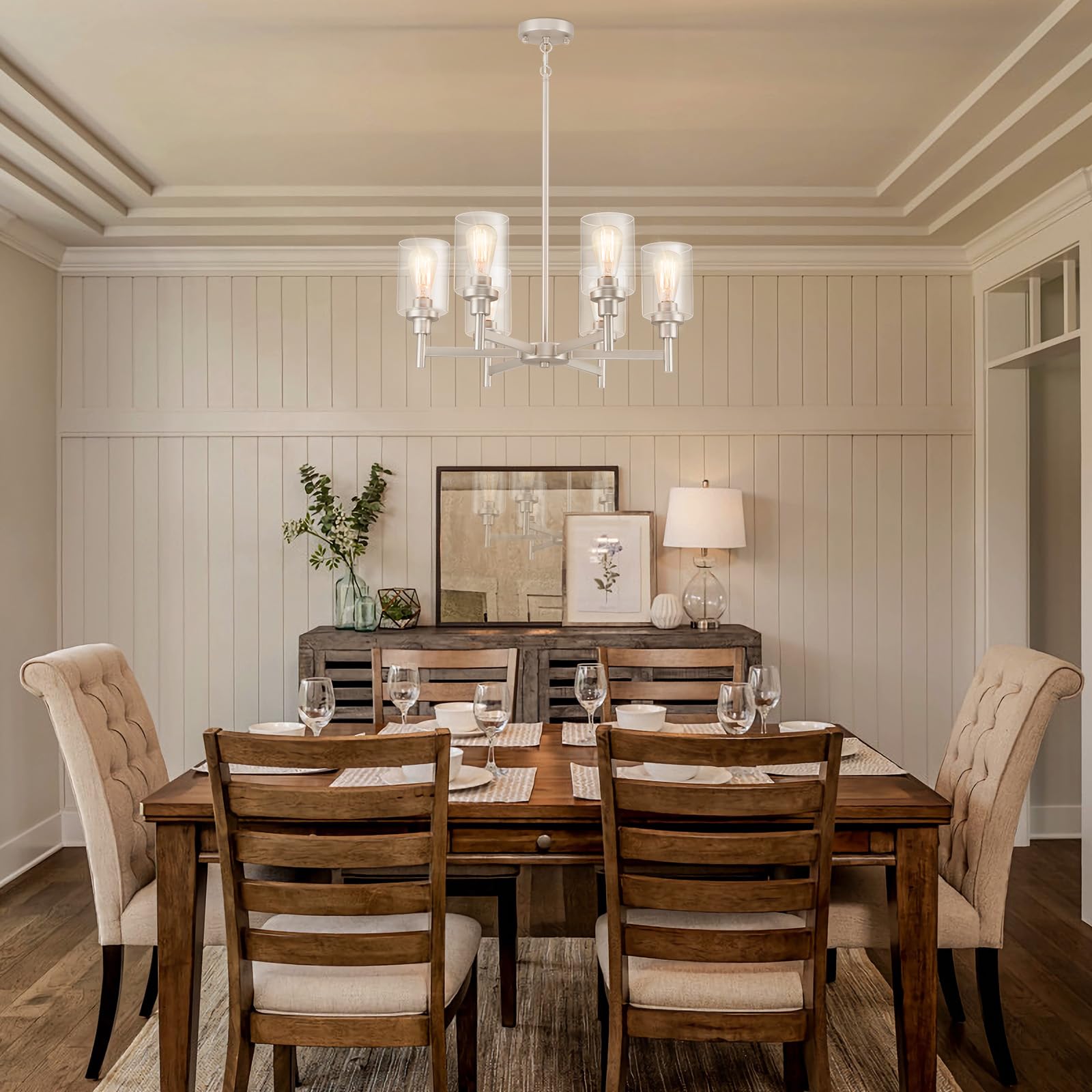 Lightdamy Brushed Nickel Chandeliers For Dining Room Light Fixture Over Table, 6 Lights Farmhouse Chandeliers With Clear Glass S