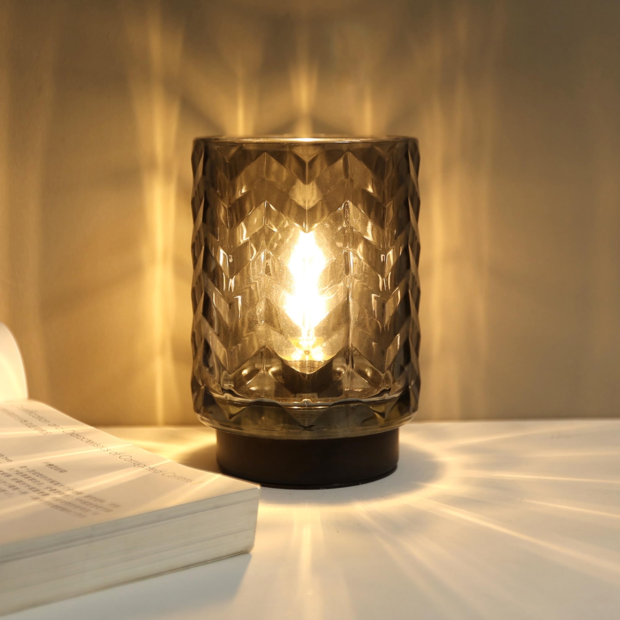 LUSHARBOR Battery Operated Lamp with Timer, Small Table Lamp with LED Bulb, Glass Cordless Lamps Beside Table Light for Living R