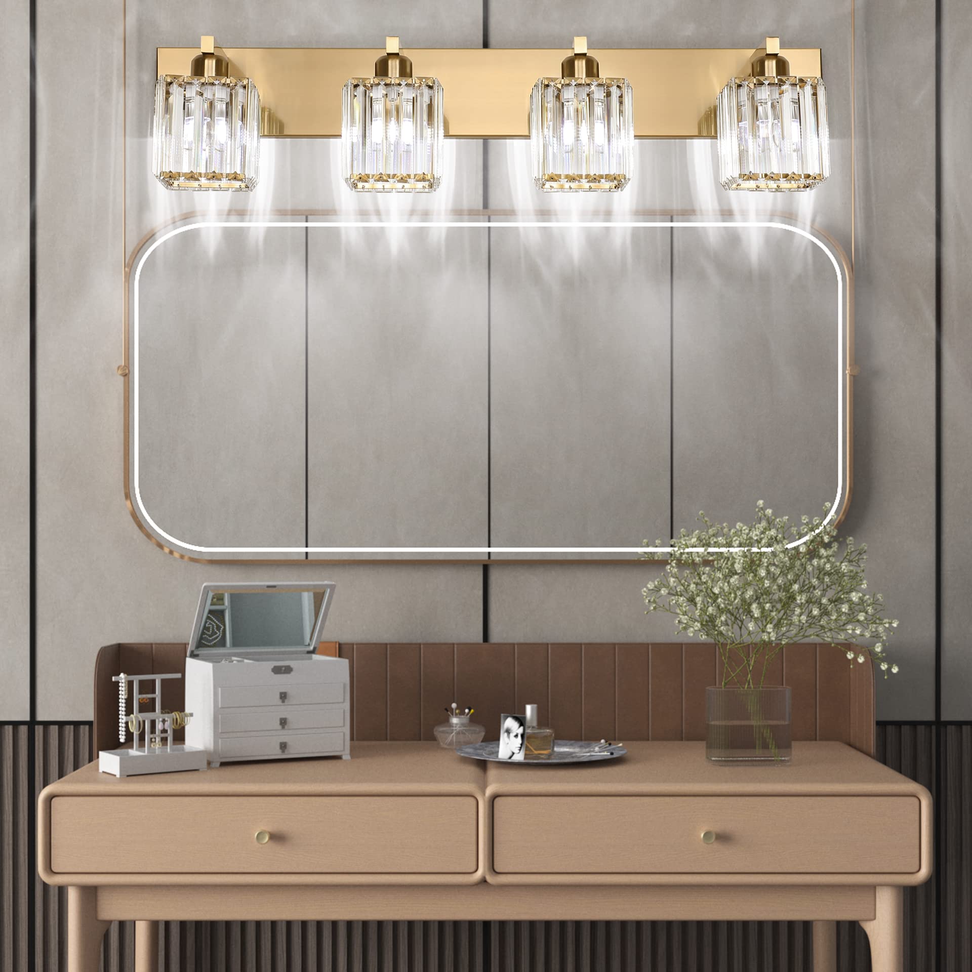 Aipsun Bathroom Lighting Fixtures Modern Crystal Vanity Light 4-Light Brass Square Shade Model 8461