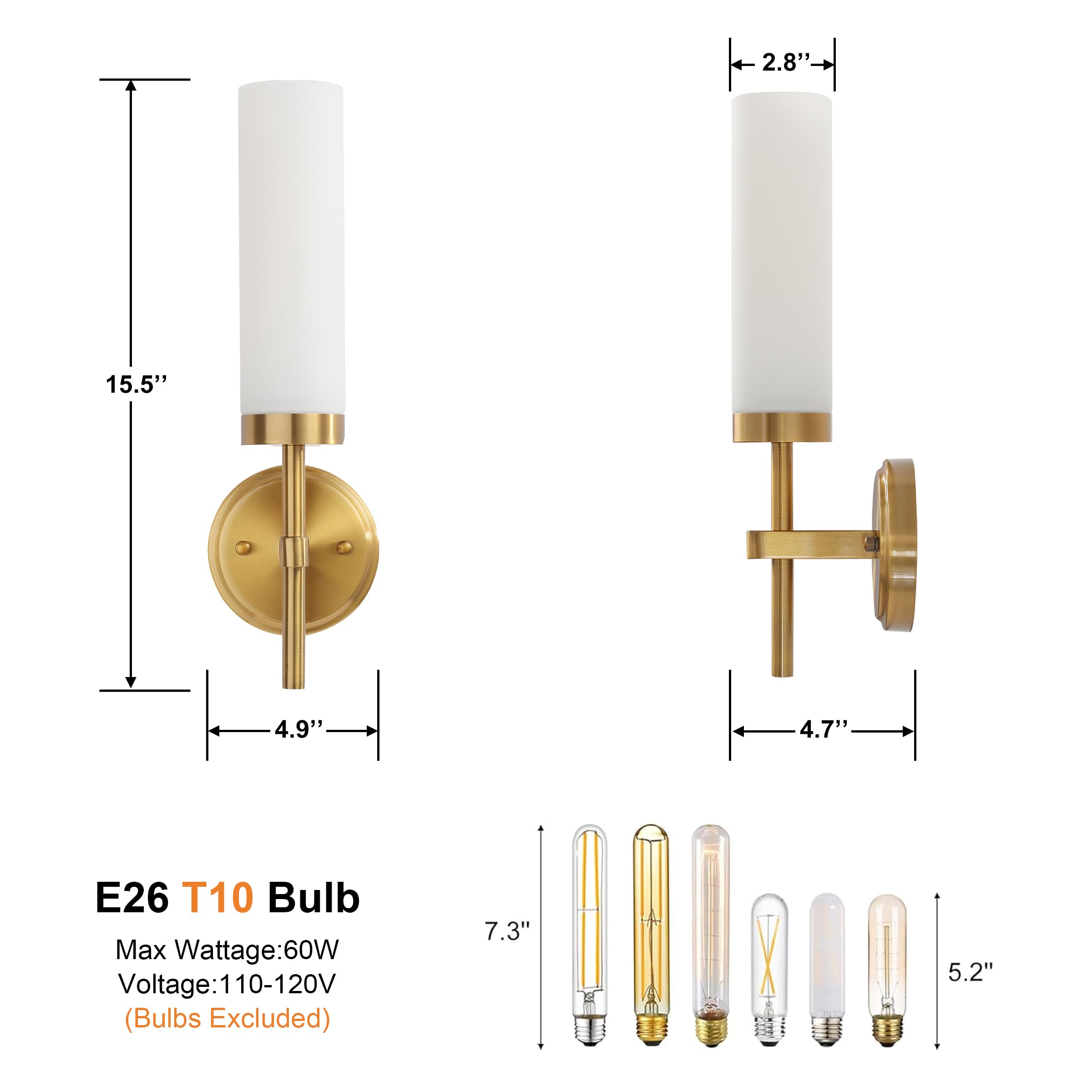 KUZZULL Wall Sconces Set of Two, Brass Gold Iron Fixtures with White Glass for Bathroom, Living Room, Hallway, Bedroom