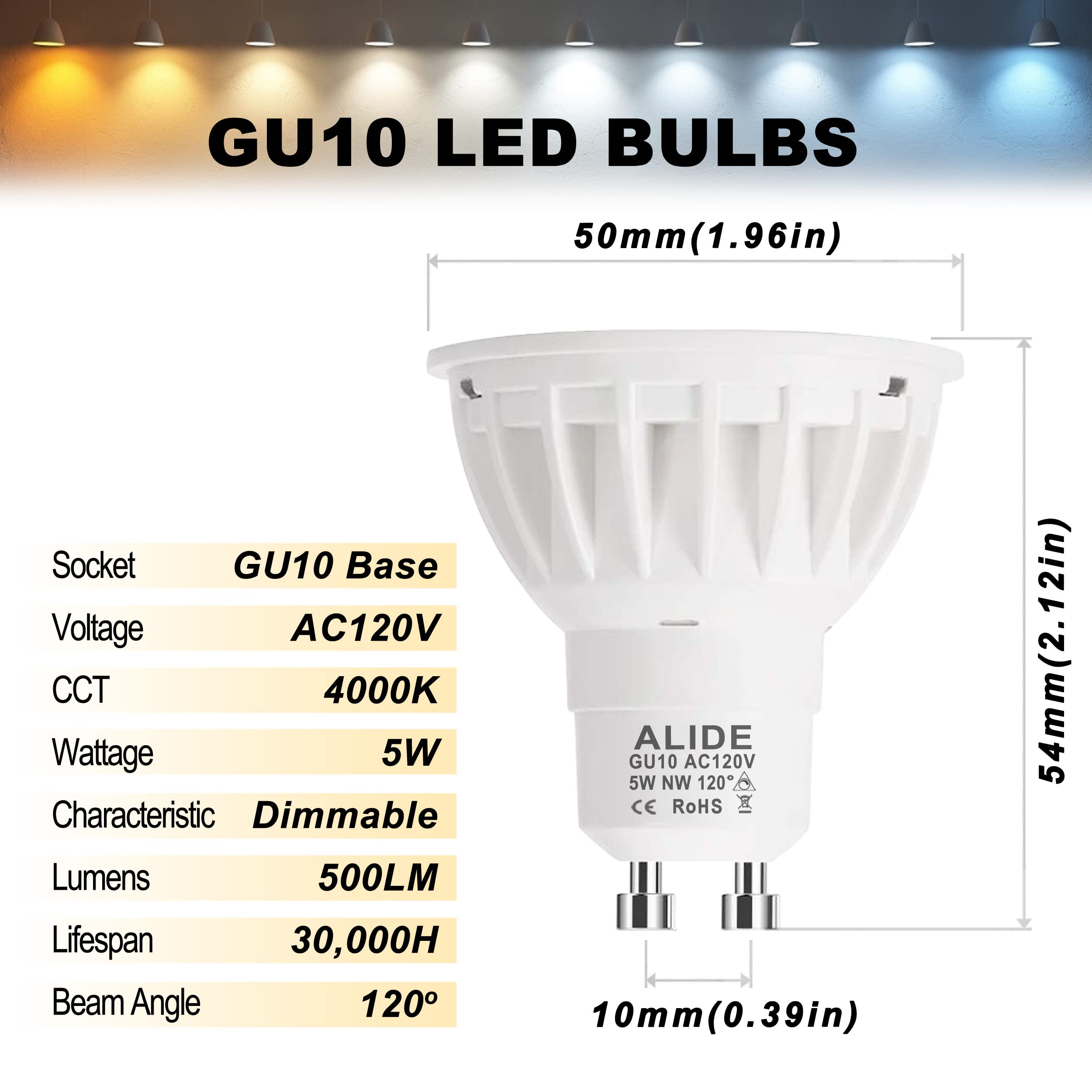 Alide Dimmable Gu10 Led Bulbs,Replace 50W Halogen,4000K Neutral White Flood Wide Angle 120 Deg,Ac120V Gu10 5W Led Bulbs For Floo