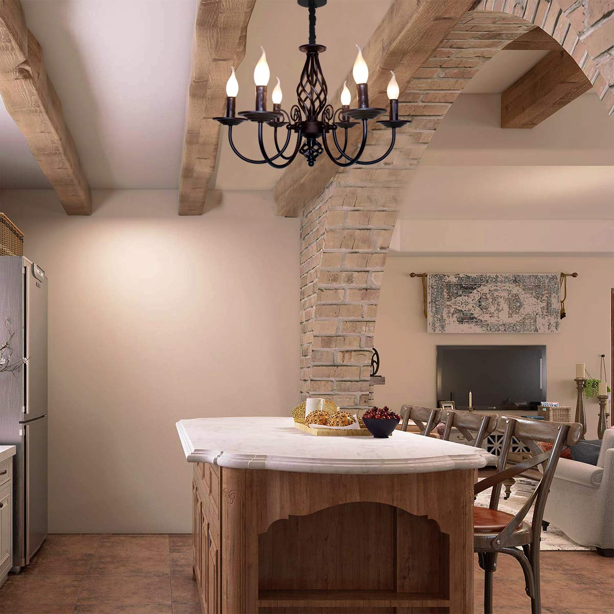 Jaycomey 6-Light Vintage Candle Chandelier, Black Iron Farmhouse Pendant For Kitchen & Dining Room