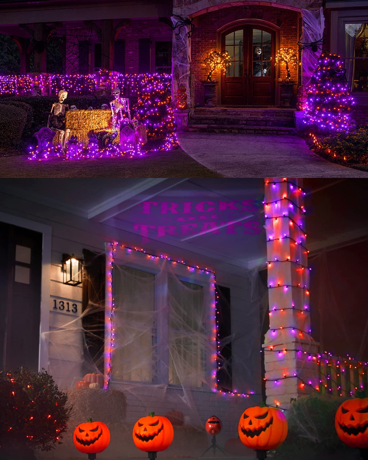 ODEETRONIC Orange Purple Lights, 164ft 500LED Outdoor Halloween String Lights, Plug in Orange Halloween Light with 8 Modes, Twin