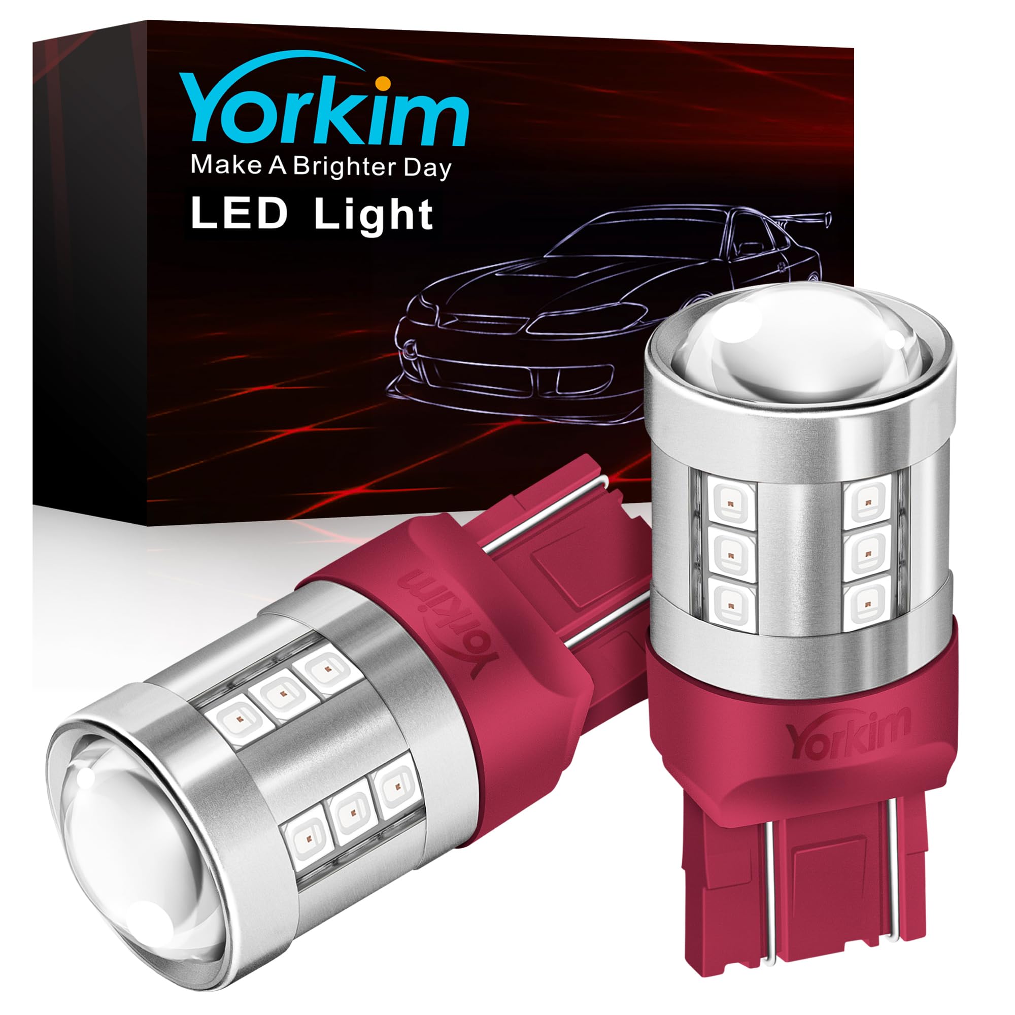 Yorkim 7443 LED Bulb Red, High Bright Projector T20 W21W Replacement Lamp for Brake Lights, 7440-3160, Pack of 2