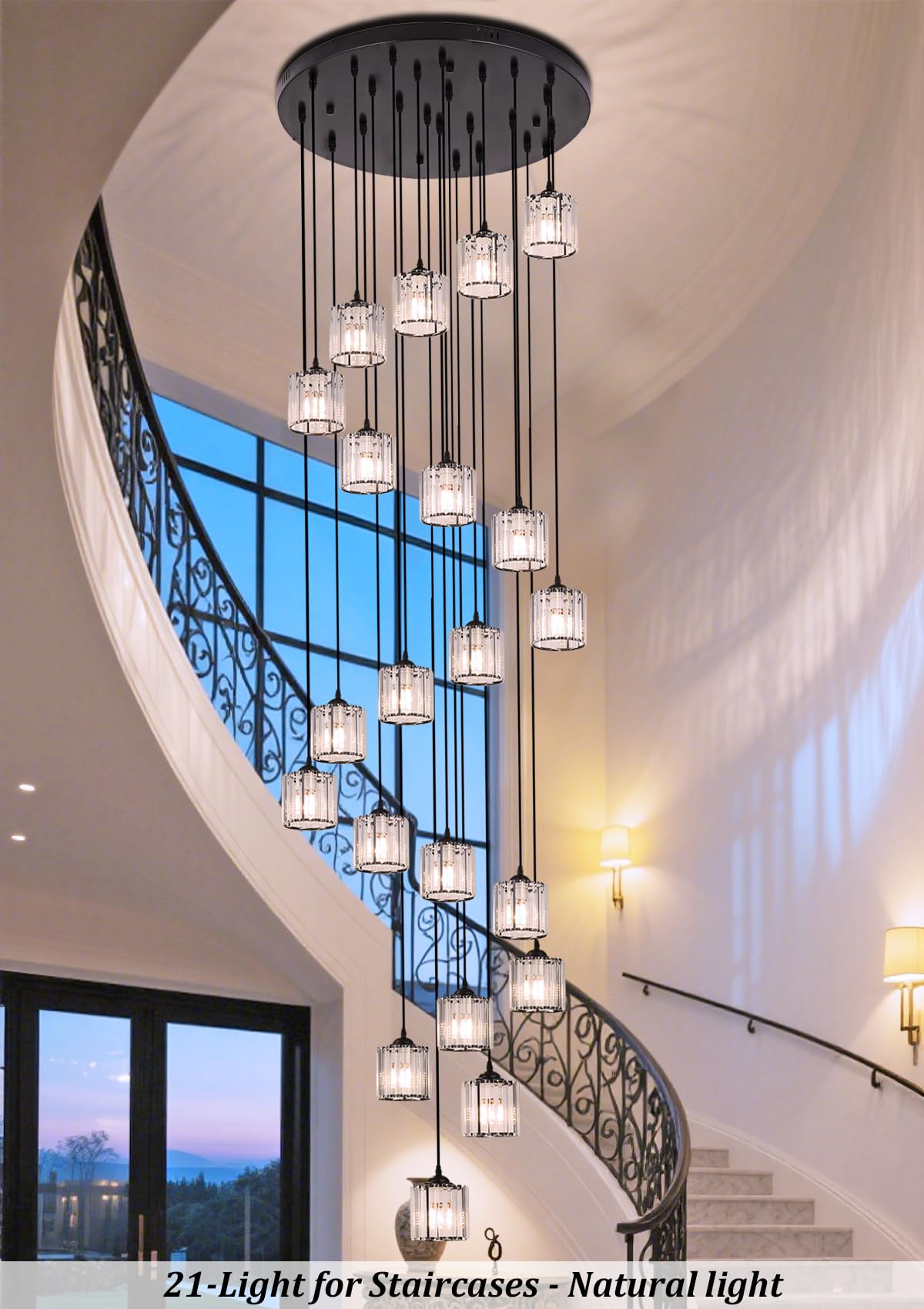 Meimond Modern Crystal Pendant Light - 21 Lights Raindrop Chandelier for High Ceilings, Black Metal, Model LTD-10