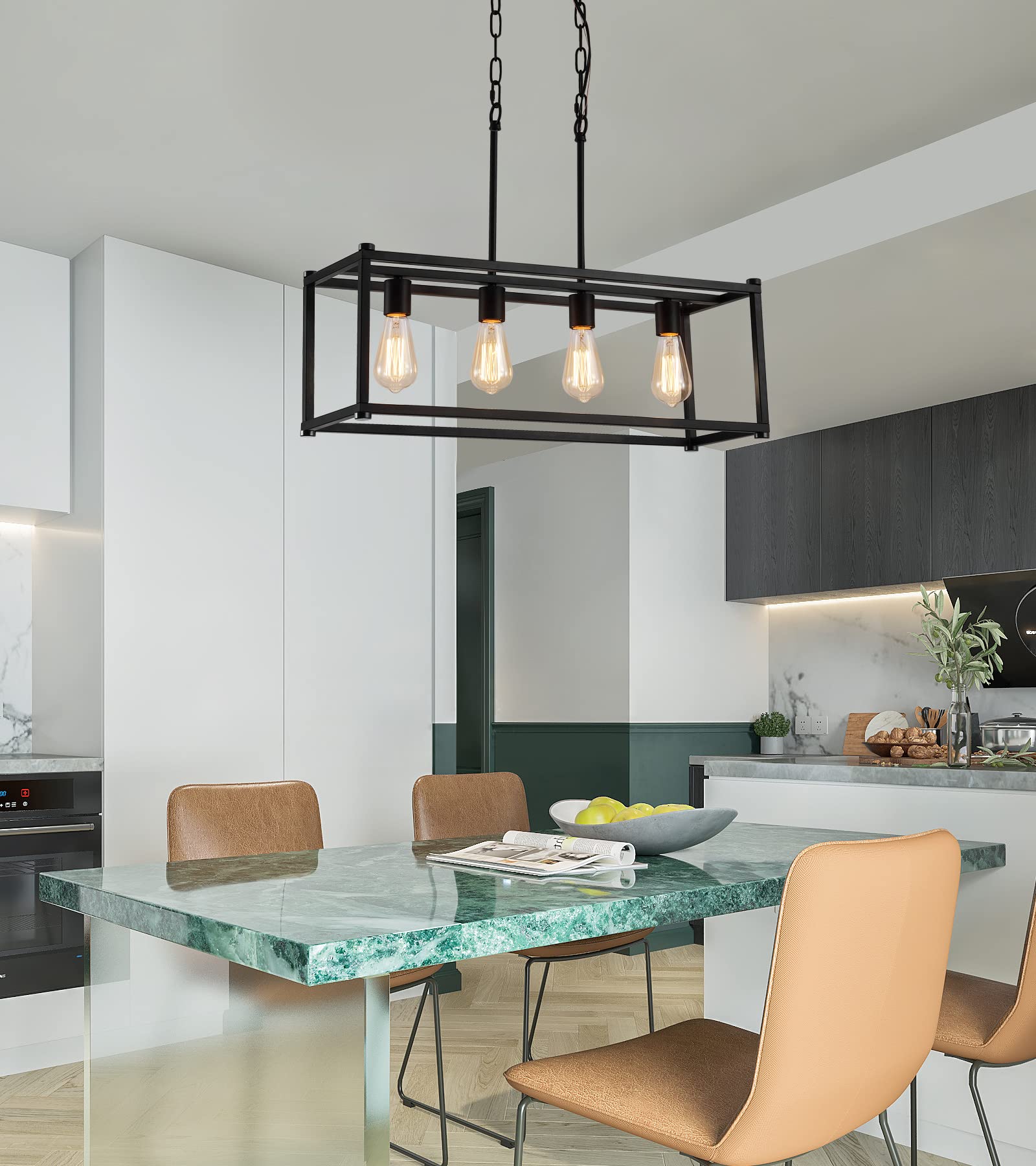 AMZASA Black Rectangle Island Lighting Chandelier - 4 Lights, Adjustable Height, Iron, Modern Industrial Design for Kitchen & Dining Room