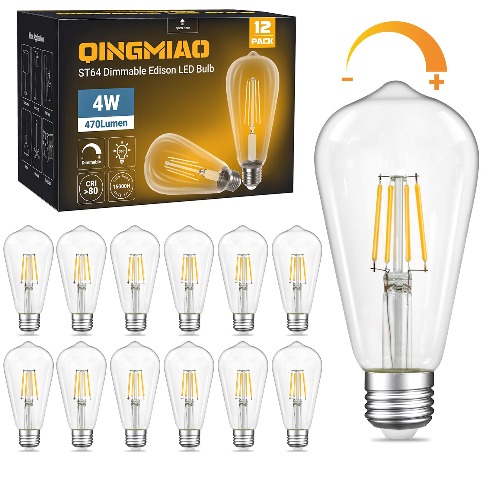 Qingmiao Vintage LED Edison Bulbs  ST58 Dimmable 4W E26 LED Bulb 40W Equivalent  3000K Soft White Led Light Bulbs  Antique LED Filament Bulbs  CRI 80+  Flicker Free  No Glare  Clear Glass  Pack of 12