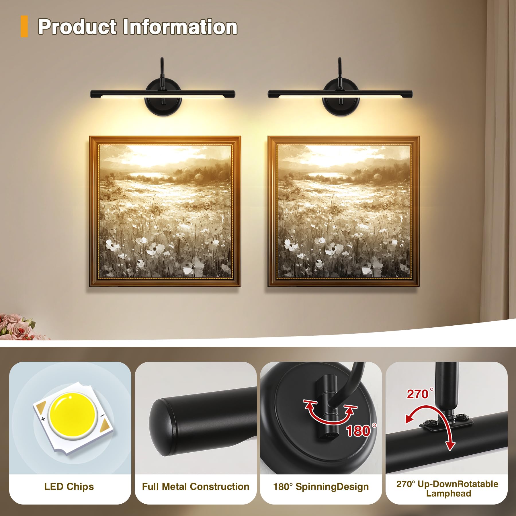 JOOSENLUX LED Picture Light Hardwired Matte Black Modern Picture Lights for Paintings 16.54 Inch Long Swing Arm Metal Art Ligh