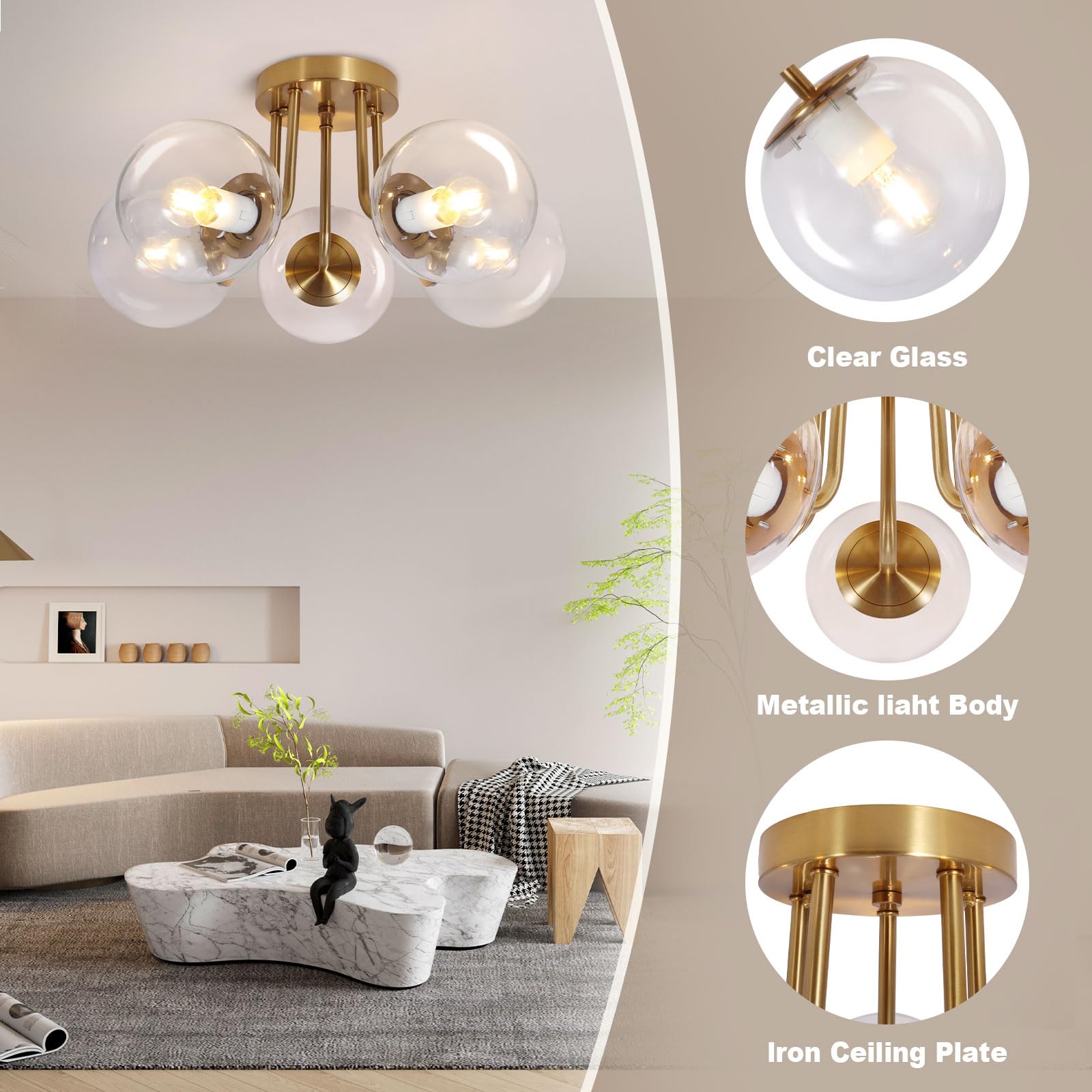 Bektas 5-Lights Semi Flush Mount Ceiling Light Fixture Brushed Gold Light Fixture Bend Modeling With Transparent Glass Shade For Bedroom,Living Room,Dinning Room Foyer Hallway