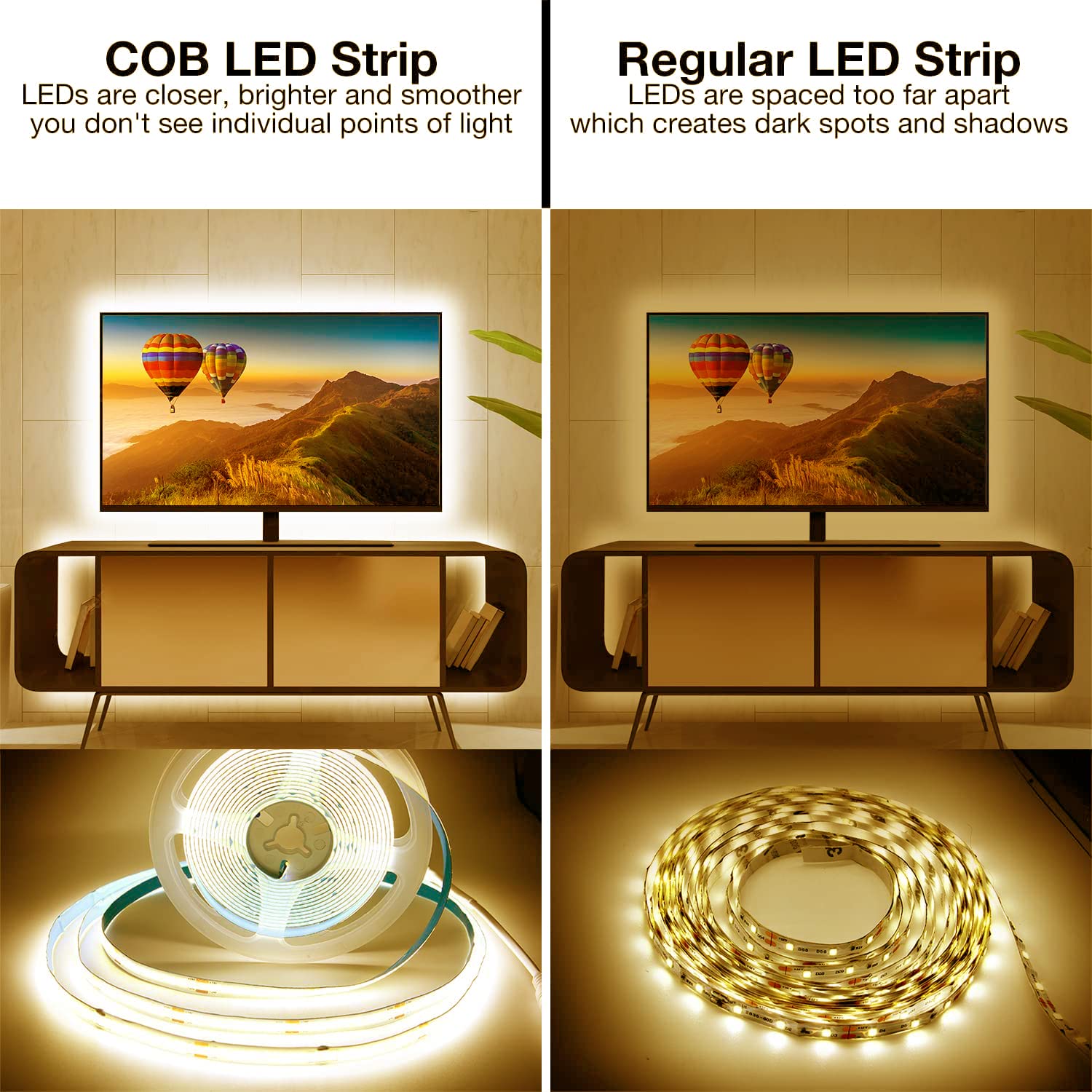 DAYBETTER COB LED Strip Lights, Dimmable 3000K, 16.4FT Warm White, Model DBCOB05WWUS, 1600 LEDs for Bedroom, Kitchen,