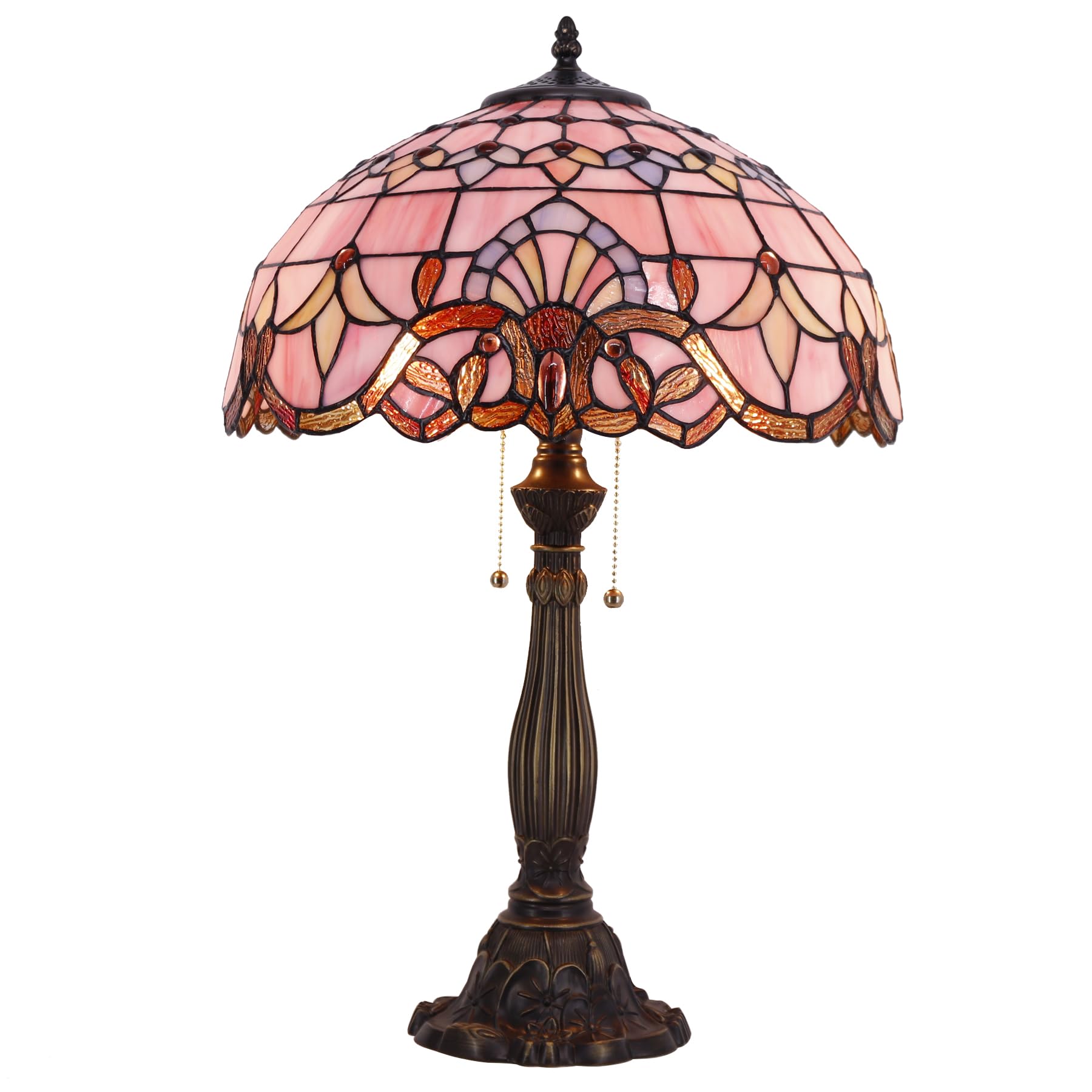 WERFACTORY Tiffany Lamp Pink Stained Glass Baroque Bedside Table Lamp Style Desk Light 16X16X24 Inches Decor Bedroom Living Room