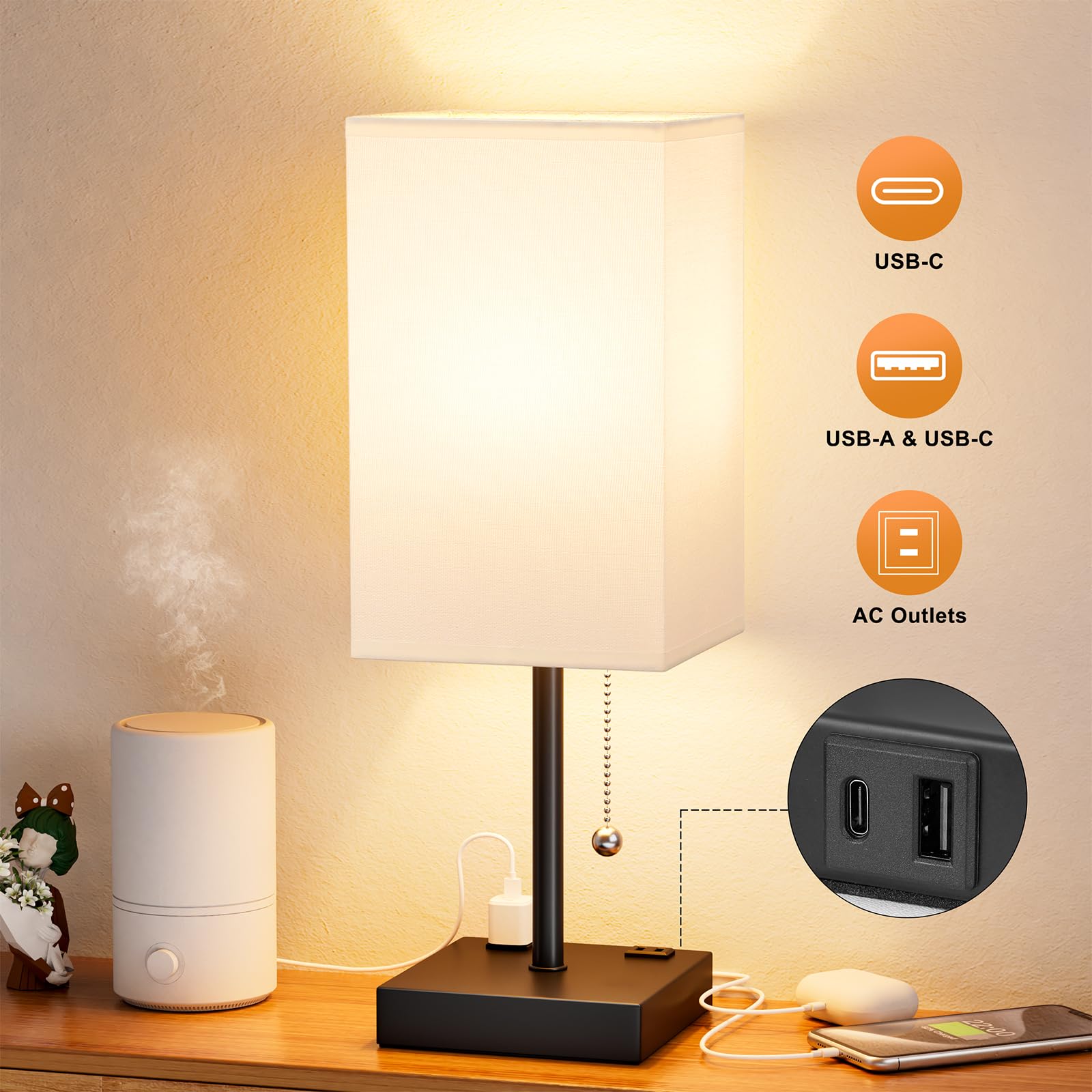 Aooshine White Medium Table Lamp With Usb Ports - 3 Color Temperature Bedside Lamp For Bedroom, Pull Chain Control, Usb A And C