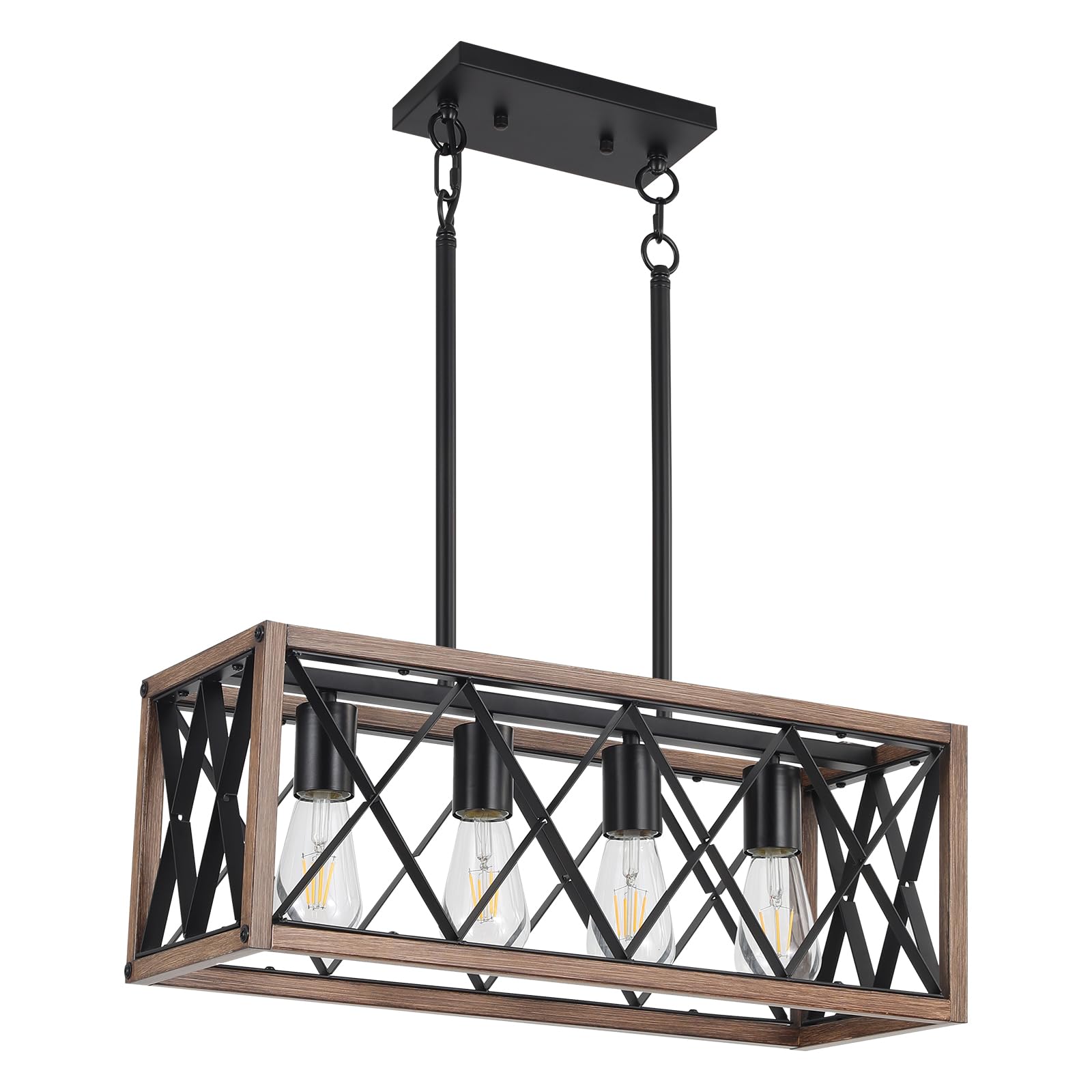 Keesfu 4-Light Dining Room Light Fixture, Farmhouse Kitchen Island Lighting,Adjustable Height Pendant Light, Rustic Linear Chandelier For Kitchen, Dining Room Table, Pool Table. (Wood Grain Color)