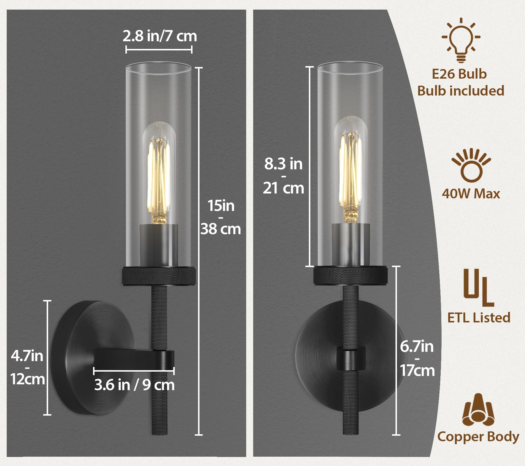 Zhtiechui Black Wall Sconces Bathroom Vanity Wall Sconces  Glass Tube Wall Sconces 14  Sconces Wall Lighting Indoors  Wall Lights For Mirror  Living Room  Bedroom  Hallway (Including Bulb)