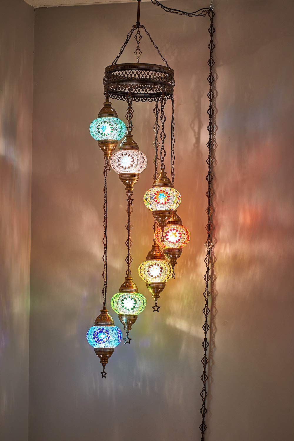 DEMMEX 7-Globe Moroccan Mosaic Chandelier, Tiffany Style Pendant Light, 59x14 Inches, Multicolor1, Model DEMMEX-Swag7